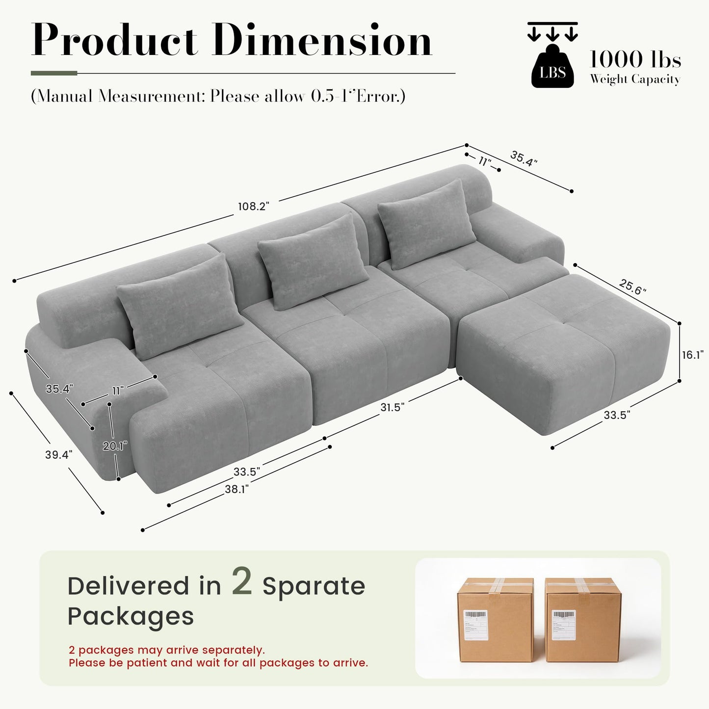 GRUSIGN 108'' Modular Sectional Boneless Couch, Tufted Cloud Sectional Couches for Living Room, L Shape Deep Seat Sofa with Ottoman & 3 Throw Pillows,Corduroy Oversized Couch,Light Grey