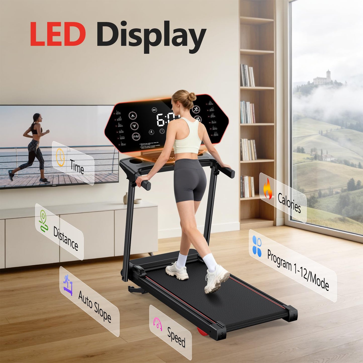 Treadmill with 0-15% Auto Incline, 0.6-7.5MPH Foldable Walking Pad Treadmill with Handle Bar for Home Small, 3.0HP Low Noise Portable Walking Running Machine for Small Space, 350LBS Capacity Black