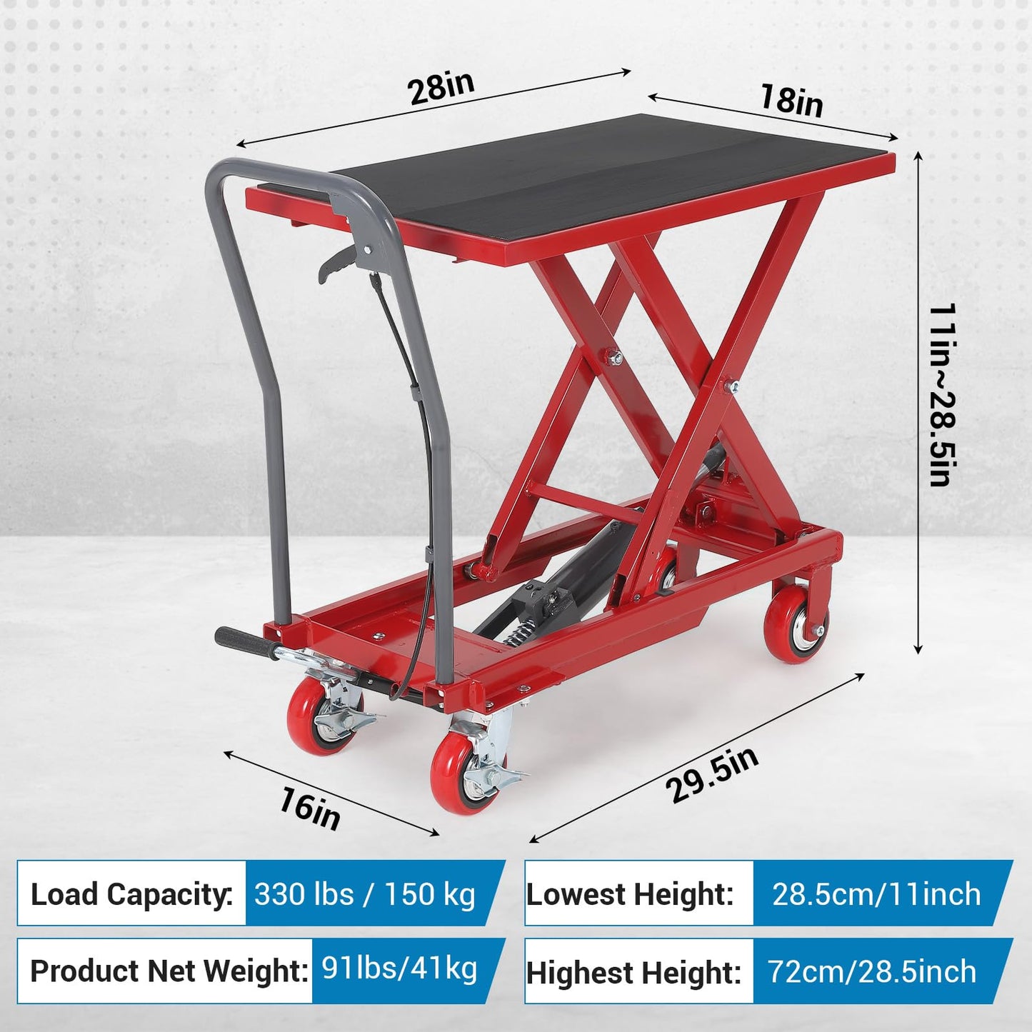 Hydraulic Lift Table Cart, 330lbs Capacity 28.5 in Lifting Height Hydraulic Table Cart, Single Scissor Lift Table with Non-Slip Pad for Material Handling and Transportation, Red