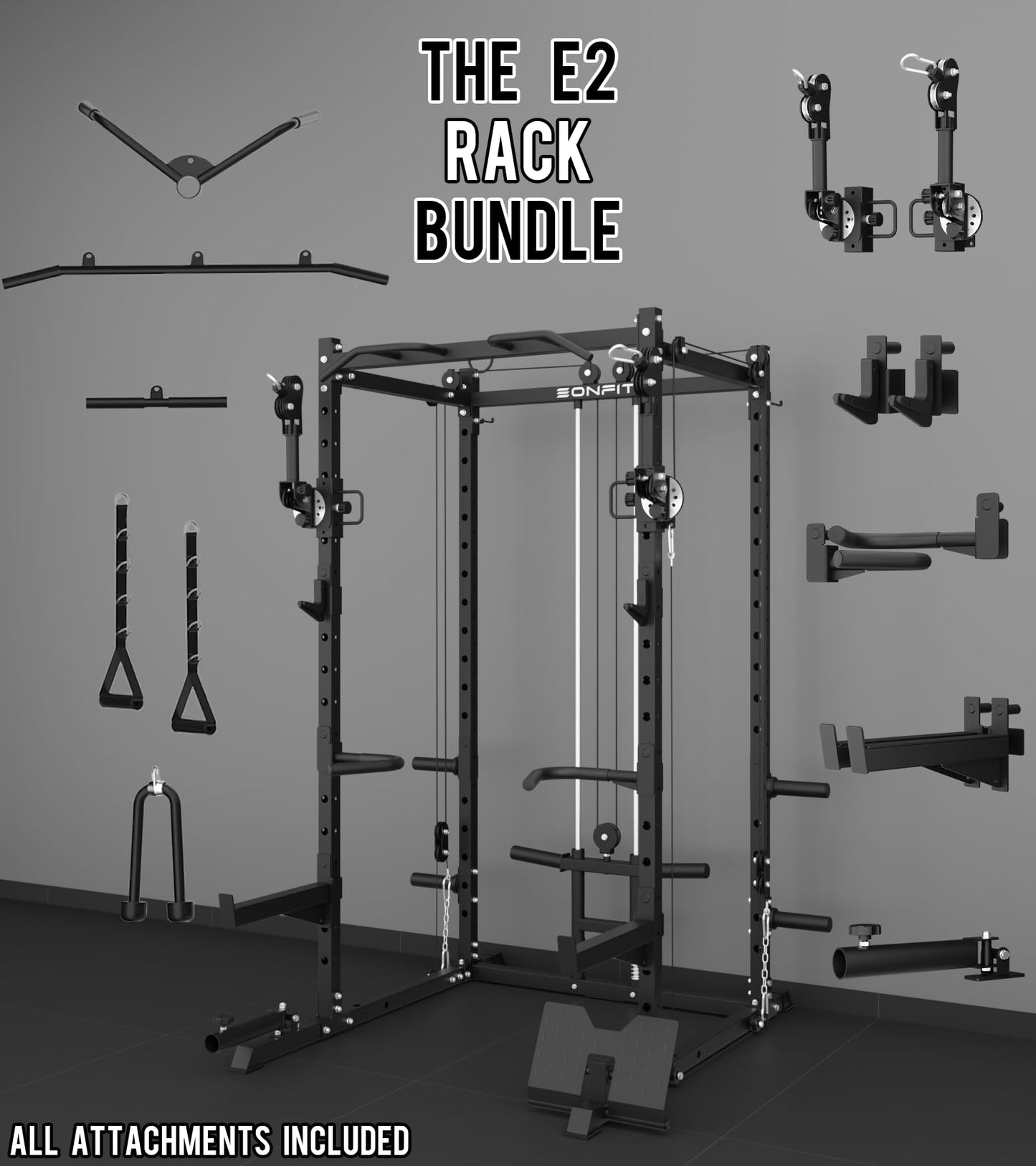 Eonfit E2 Power Cage - Multi-Functional Power Rack for Home Gym. 1500lb Squat Rack for Home Gym. Pulley System for Cable Crossover & LAT Pulldown (Black, PRO)