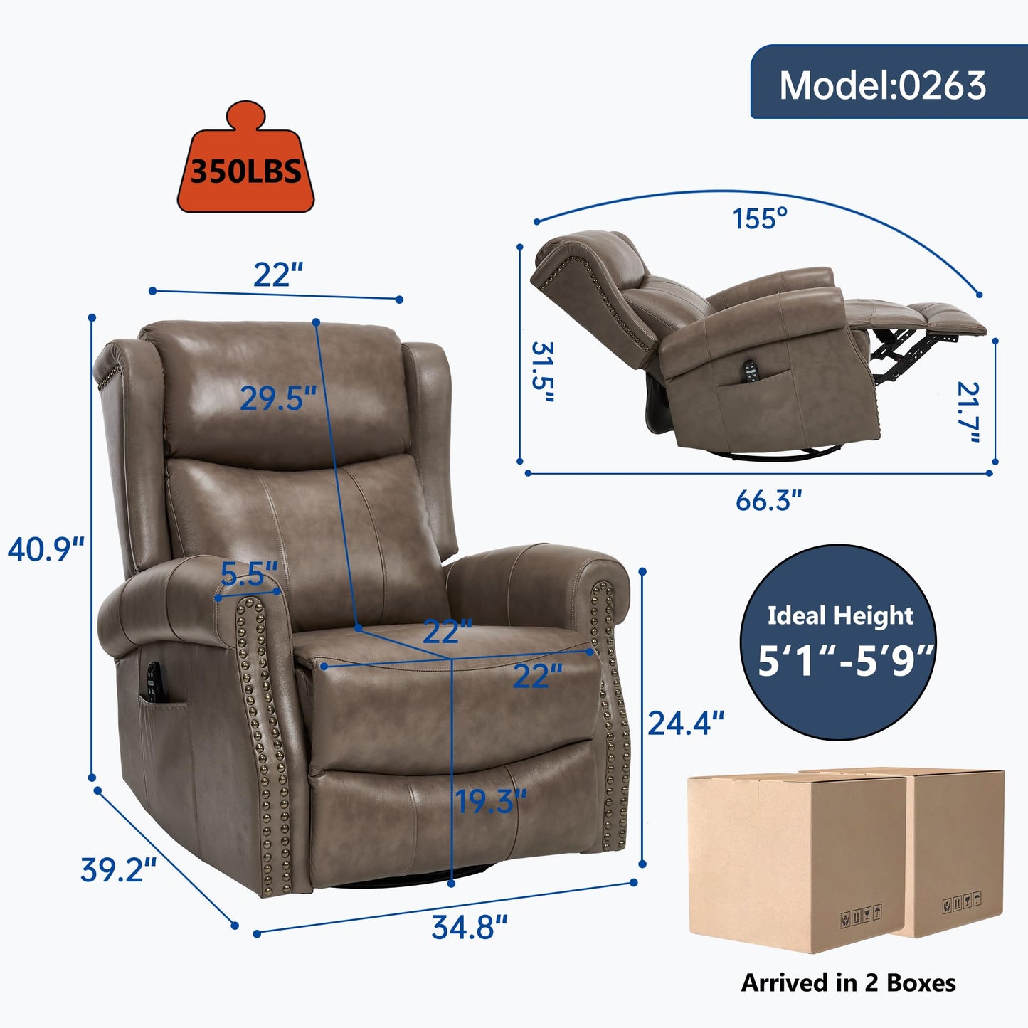 Heat Massage Manual Recliner Chair with Rocking and 360° Swivel Base, Genuine Leather Recliner Chair with Lumbar Heat, 8-Point Vibration Massage, 155° Reclining Living Room Chair for Adults, Grey