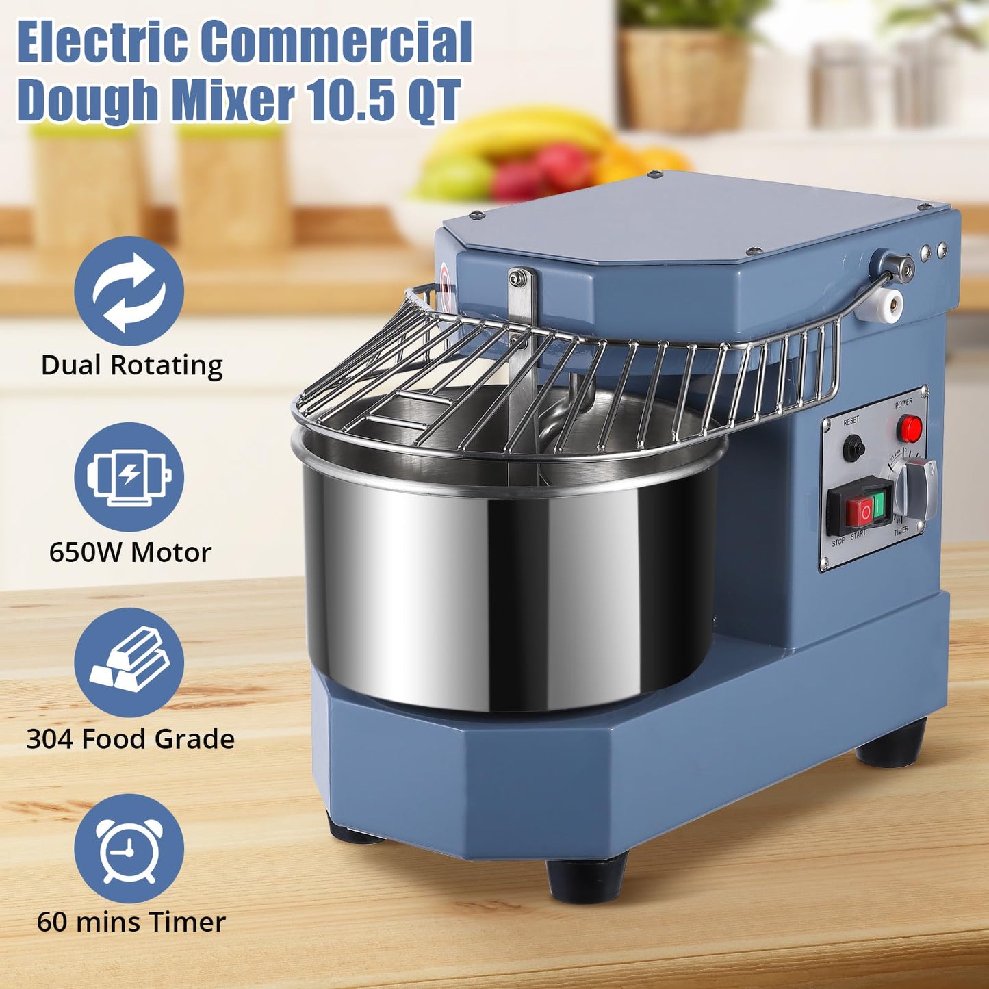 Garvee Commercial Dough Mixer 10.5 QT, 650W Dual Rotating Dough Kneading Machine with Food-Grade Stainless Steel Bowl, Security Shield & Timer, Electric Spiral Mixer for Restaurant Bakery Pizzeria