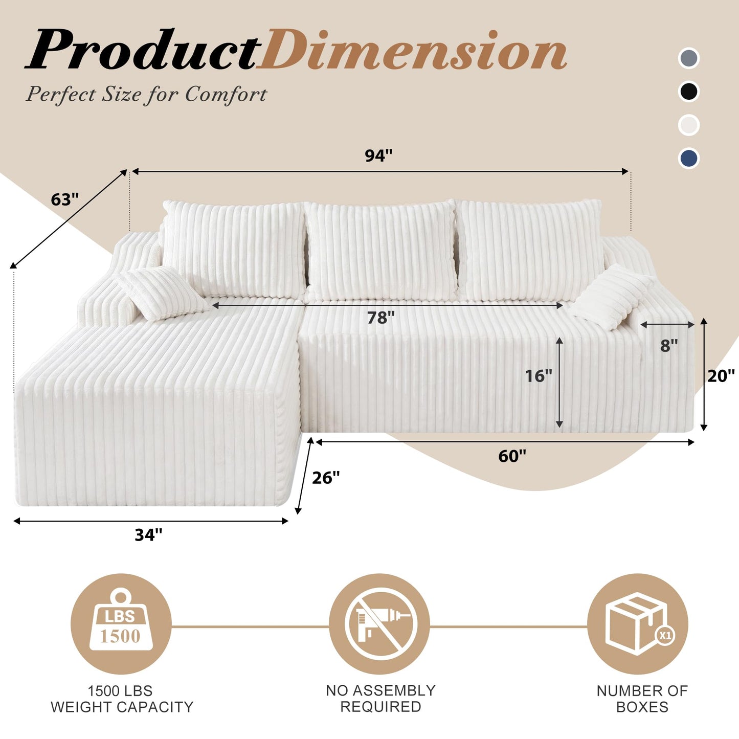 HABUTWAY 94" L-Shape Modular Sectional Sofa Couch for Living Room, No Assembly Required, Boneless Couch with Deep Seat for Living Room Bedroom, No Assembly Required (Beige,Left)