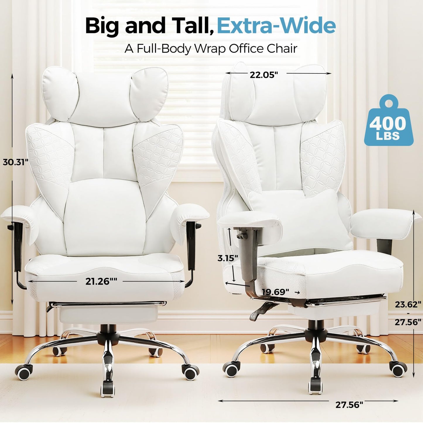 COMHOMA Desk Office Chair Big and Tall Office Chairs Ergonomic Gaming Chairs with Wide Seat Leather High Back Chair with Foot Rest Adjustable Armrests Pocket Spring Lumbar Support