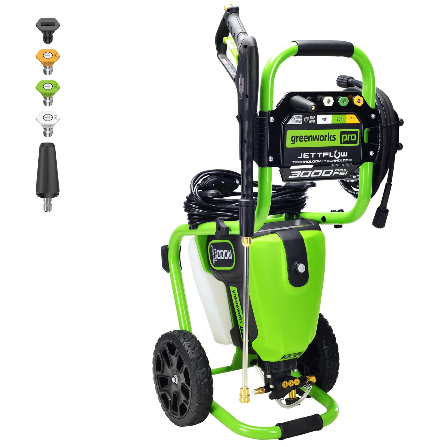 Greenworks 3000 PSI (2.0 GPM Max) Brushless Electric Pressure Washer (15°, 25°, 40°, Soap, and Turbo Nozzle) For Use On Decks, Fences, Driveways, Sidewalks, Siding & More. Heavy-Duty