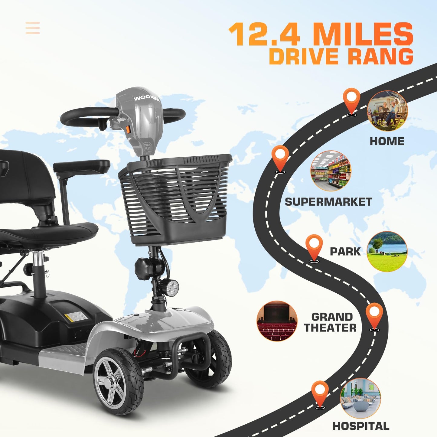 Wooken 4-Wheel Mobility Scooter for Seniors, Adults, Elderly, Foldable Mobility Scooter, Powered Mobility Scooter Wheelchair Device, All Terrain Compact Heavy Duty Mobility for Travel