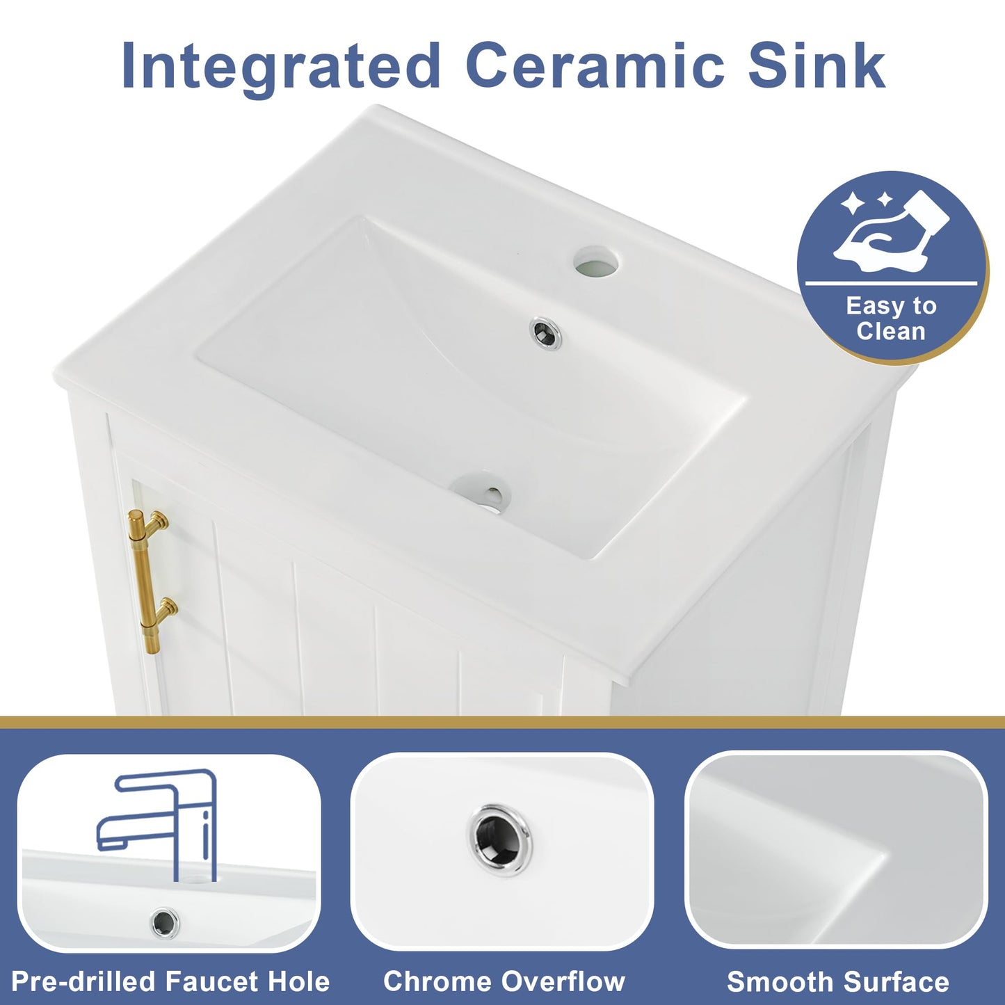 20" Small Bathroom Vanity with Ceramic Sink Top and Open Shelf, Soft-Closing Door and Rack Shelf, Solid Wood Legs, White