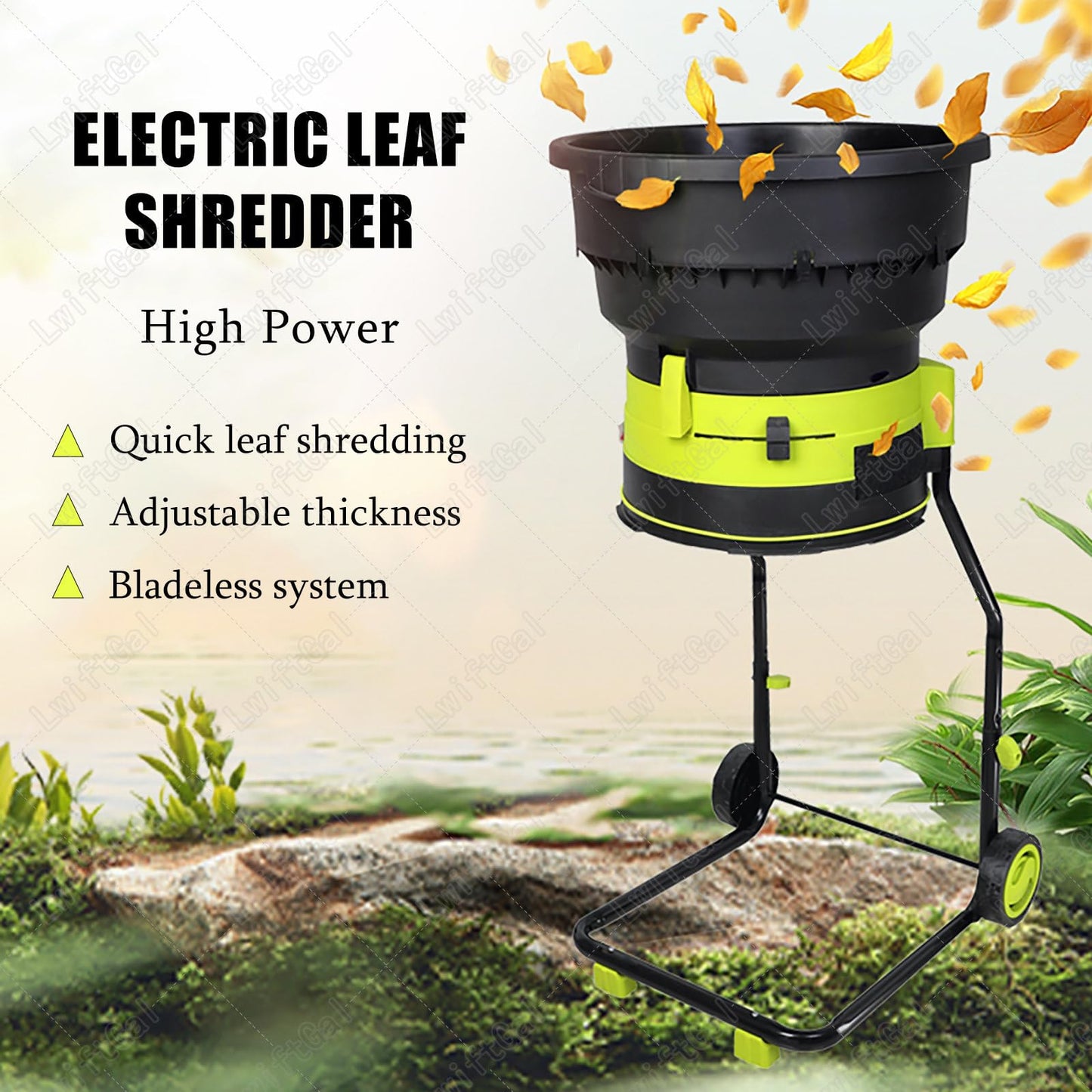 LwiftGal Garden Leaf Crusher with Wheels and Storage Bag, Electric Leaf Mulcher Compost Shredder 2500w, 8000rpm Electric Chipper for Yard Cleanup, Composting 30mpowercord