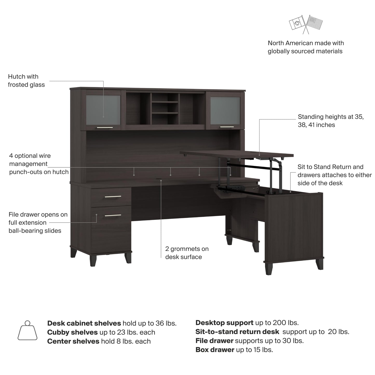 Bush Home 72-Inch L-Shaped Sit to Stand Desk with Hutch, Adjustable Height Standing Corner Computer Desk with Drawers, Shelves and Storage Cabinet, Home Office, Somerset Collection, Storm Gray