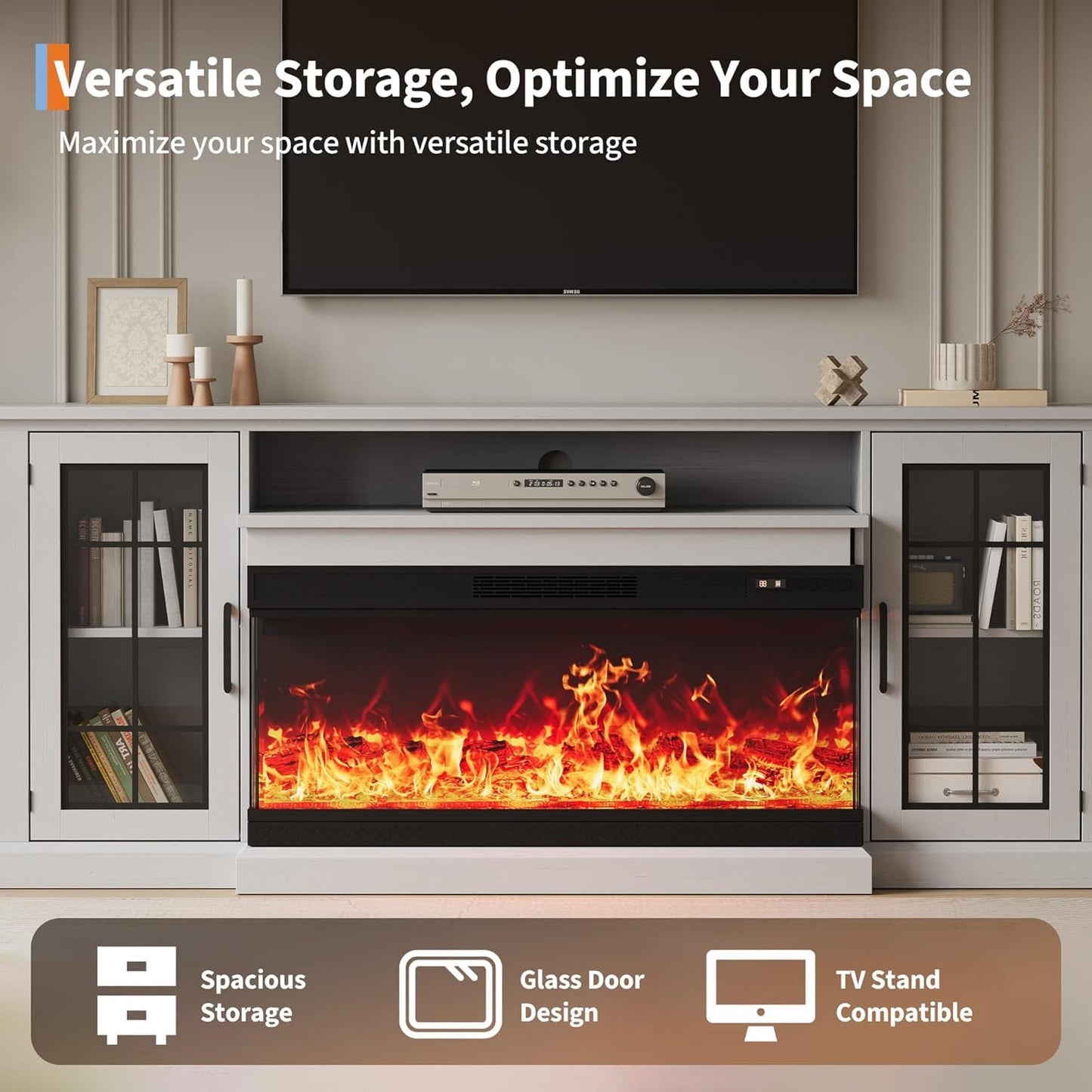 Fireplace TV Stand with 3-Sided Glass, Adjustable LED Flame, 12 Flame and Log Colors, Glass Doors and Storage Shelves, Modern Farmhouse Electric Fireplace Entertainment Center for TVs Up to 85"
