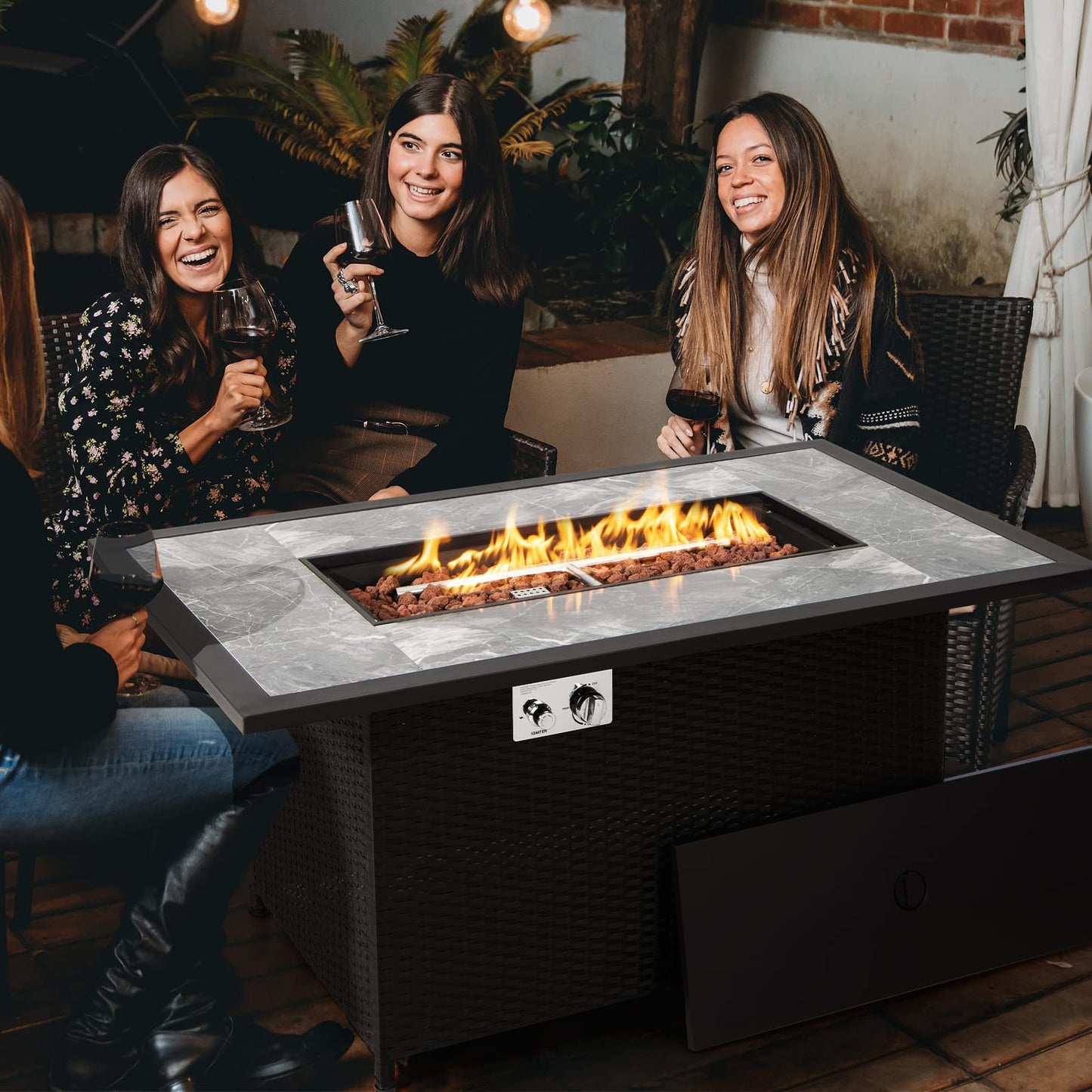 COSTWAY 52" Patio Propane Fire Pit Table, 50,000 BTU Outdoor Fire Table, Electric Pulse Ignition, Marble Tabletop & Weatherproof Rattan, Protective Cover Included, Perfect for Backyard, Poolside