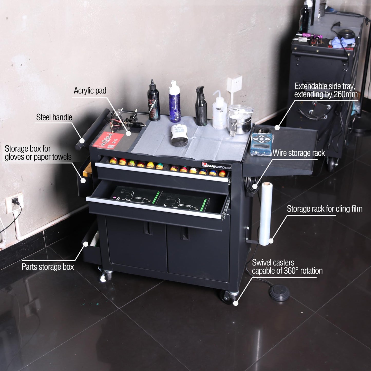 TANKSTORM Rolling Tattoo Workstation Cart, 2-Drawer Lockable Utility Cart with Wheels, Metal Rolling Tool Chest with Cabinet & Side Trays, Mobile Workbench for Tattoo Studio, Salon, Garage, Workshop