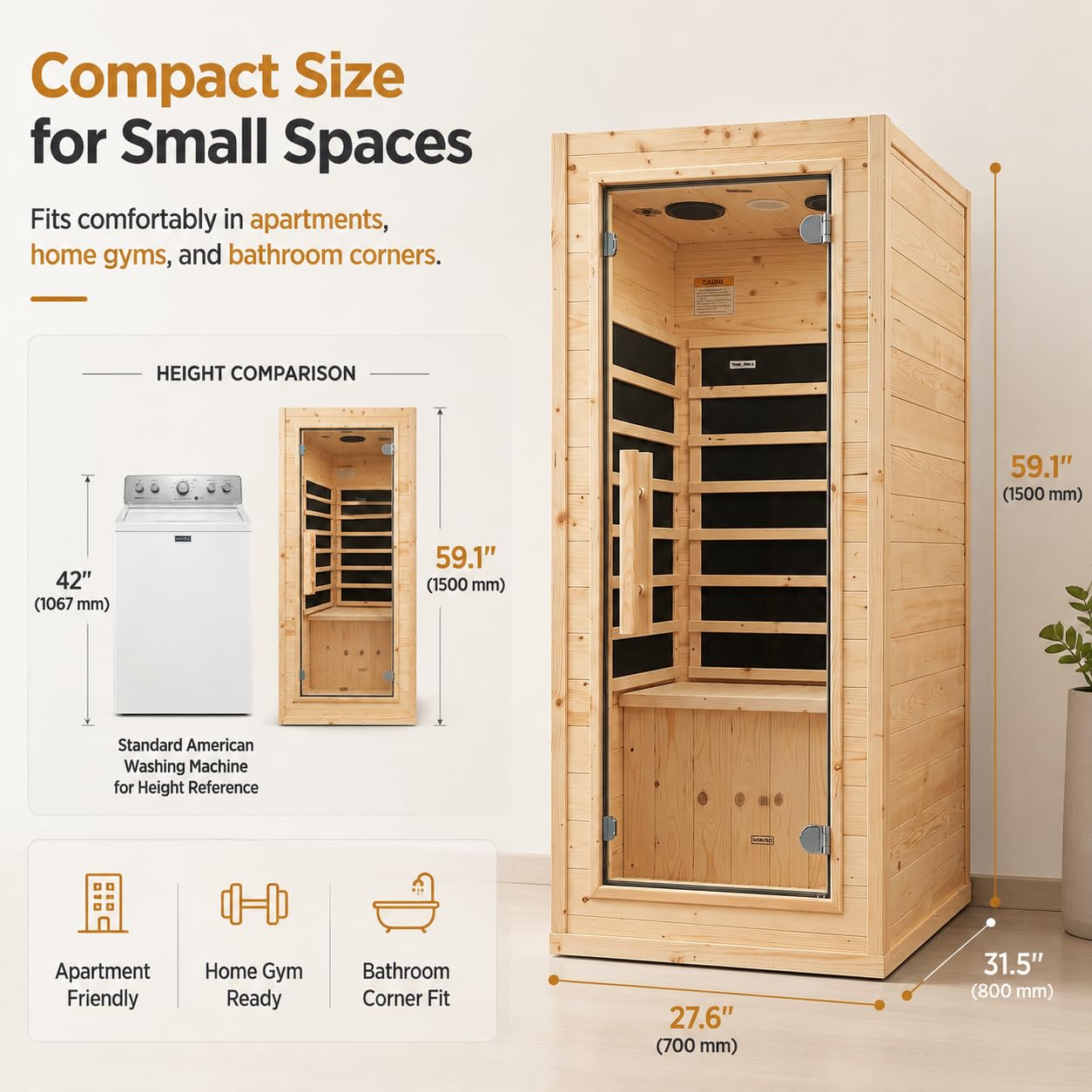 Homsido Mini 1-Person Far Infrared Sauna – Compact Spruce Wood Indoor Spa, 110V/900W Rapid Warm-Up, with Bluetooth Speaker, LED Light, and Cup Holder, for Home Relaxation (4.9 ft Tall)
