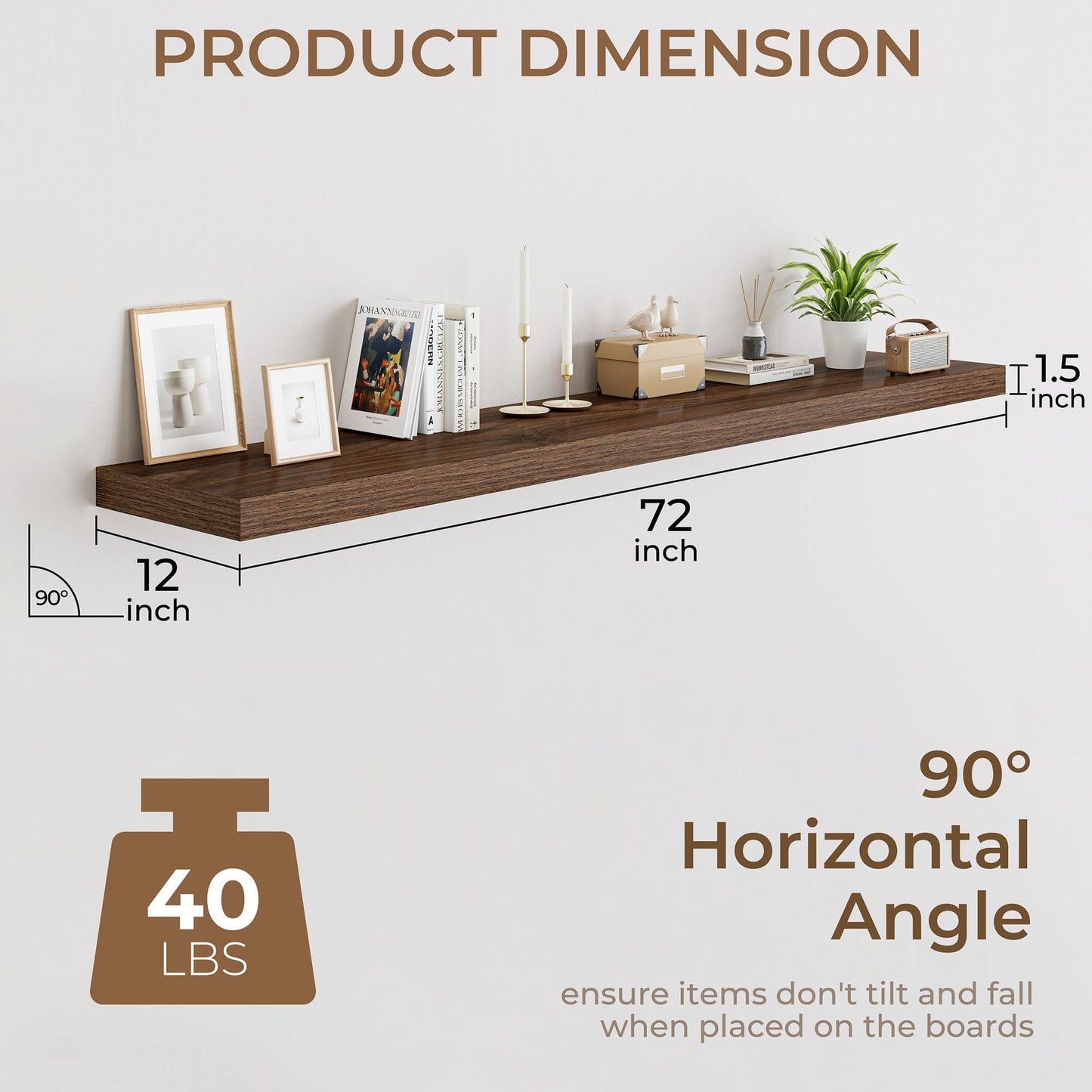 RICHFOCUS 72 Inch 12" D Floating Shelves for Wall 2 Pack Long Wall Shelves for Room Wall|Large Wood Hanging Shelf with Invisible Brackets for Bathroom Bedroom Kitchen Laundry Room, Walnut