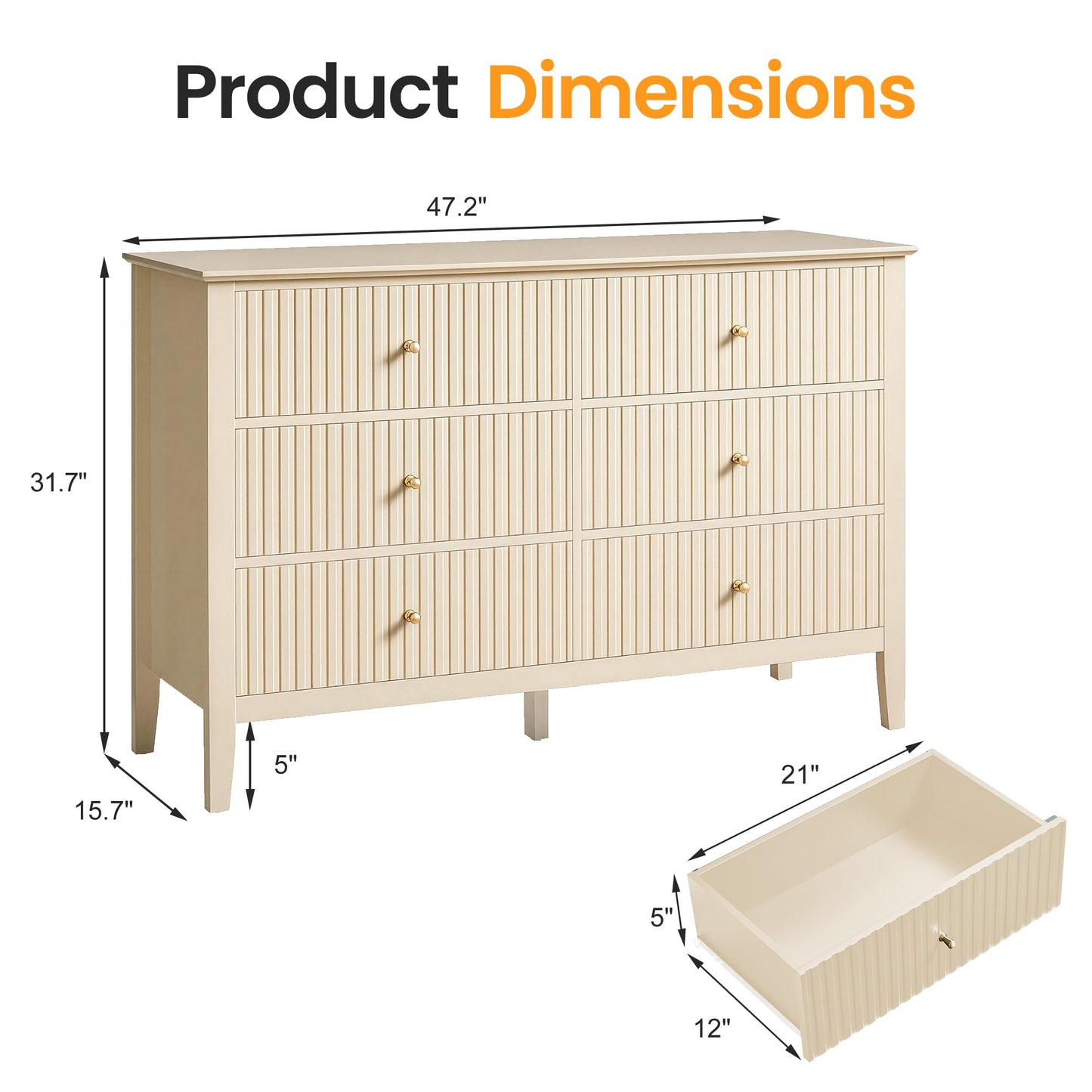 RoyalCraft Beige 6 Drawer Dresser, Fluted Modern Wood Chest of Drawers, Long Dresser for Bedroom TV Stand Storage Cabinet for Living Room