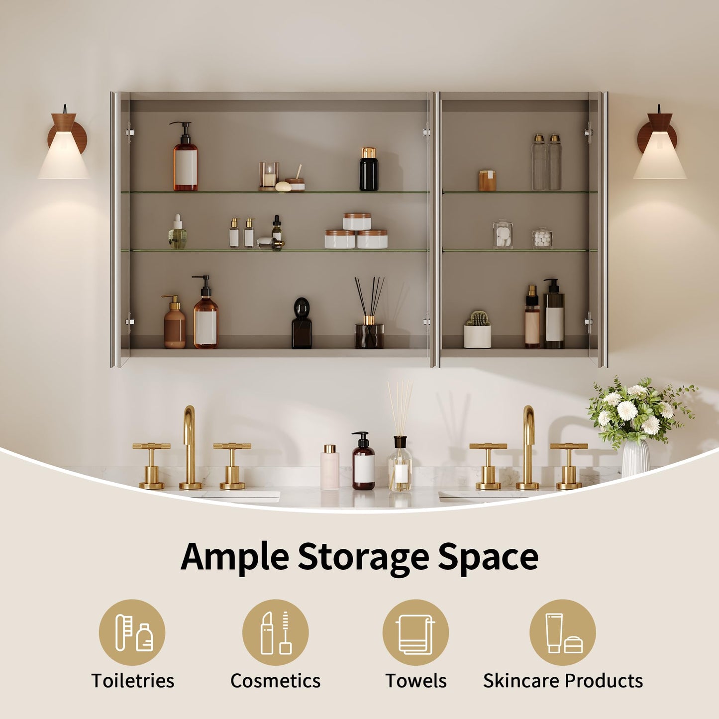 DeerValley Pre-Assembled Medicine Cabinet with Mirror, 48" W x 26" H Bathroom Mirror with Storage, 3 Doors Frameless Modern Wall Mount Mirrored Medicine Cabinets with 2 Adjustable Shelves DV-1MC0149