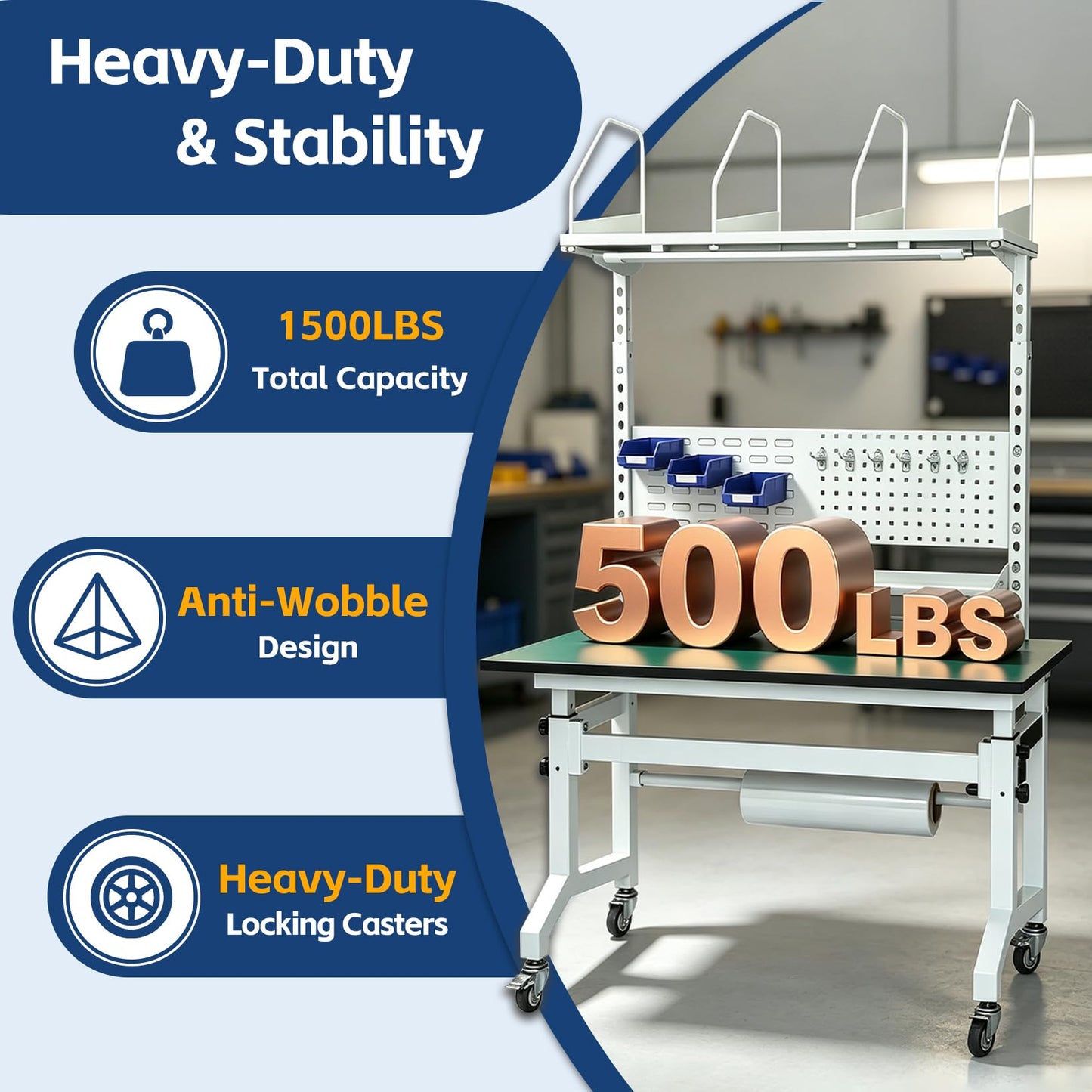 NEESEEYEE E-Commerce Packing Table, Mobile Iron-Wood Shipping Station with Built-in Power & LED, Ergonomic Standing Workbench with ESD Surface, Tape Dispenser & Storage Shelves, 1400 LBS