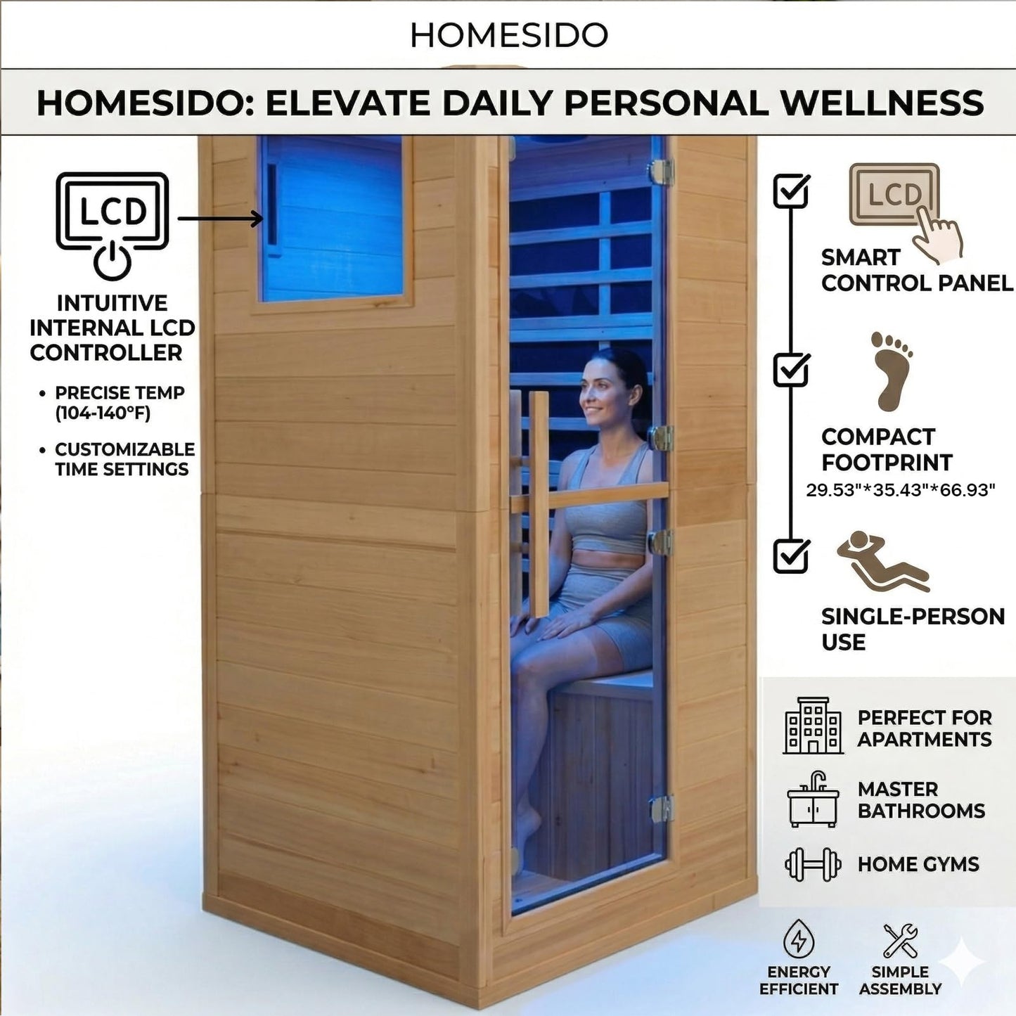 1-Person Indoor Far Infrared Sauna - Canadian Hemlock, 5 Heat Panels, 7-Color Lights, Bluetooth, Oxygen Bar, 110V/1200W, Snap Buckle Easy Assembly, 104-140°F, Ideal Wellness Gift for Home Spa