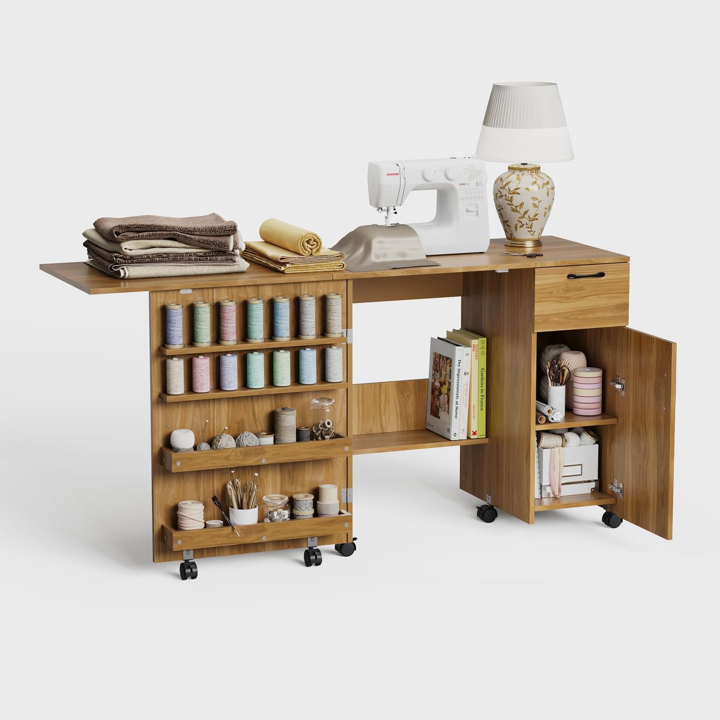 Garvee Folding Sewing Machine Table with Storage Shelves and Sliding Drawer, Rolling Side Desk for Sewing Machine, Craft Station with Lockable Wheels for Home, Bedroom, Small Spaces, Brown
