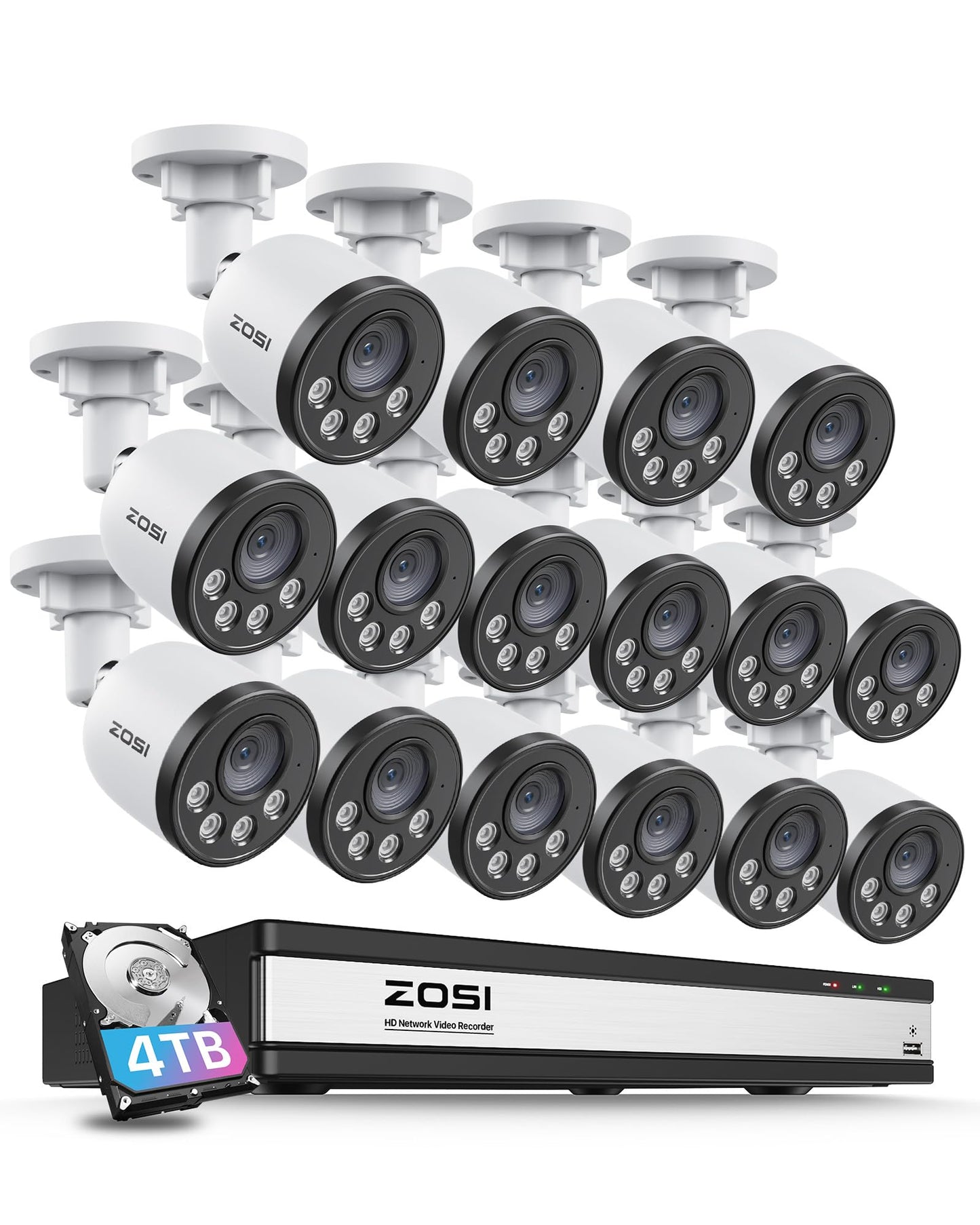 ZOSI 16CH 4K PoE Security Camera System,16pcs 4MP Weatherproof PoE IP Cameras Outdoor Indoor,Smart Human Vehicle Detection,100ft Night Vision,16 Channel 8MP/4K NVR with 4TB HDD for 24/7 Recording