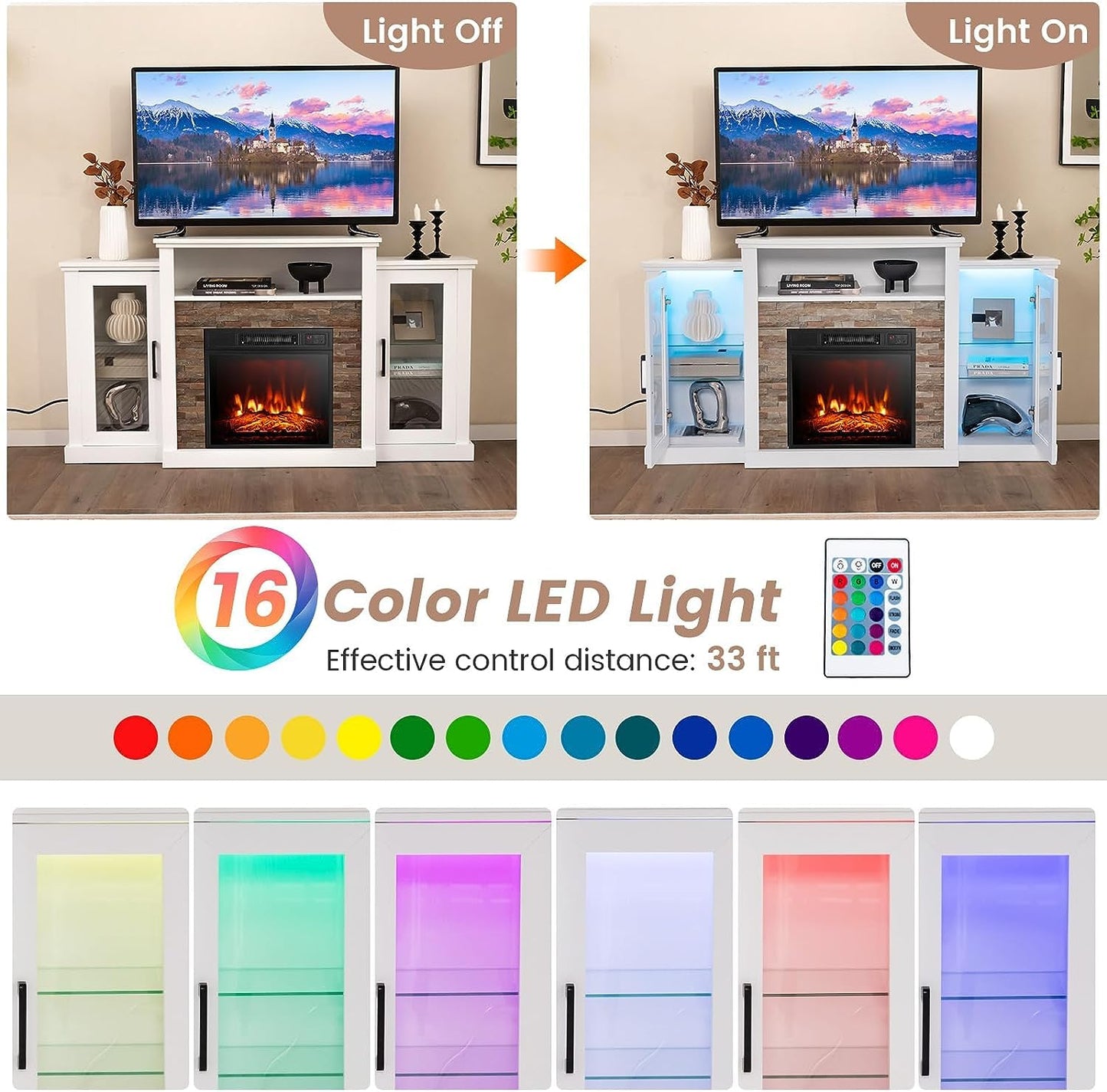 Byroce Electric Fireplace TV Stand for 65'', TV Console with 16-Color LED Light, Adjustable Glass Shelves, 19'' Fireplace Insert with Remote & APP Control, Entertainment Center (White)
