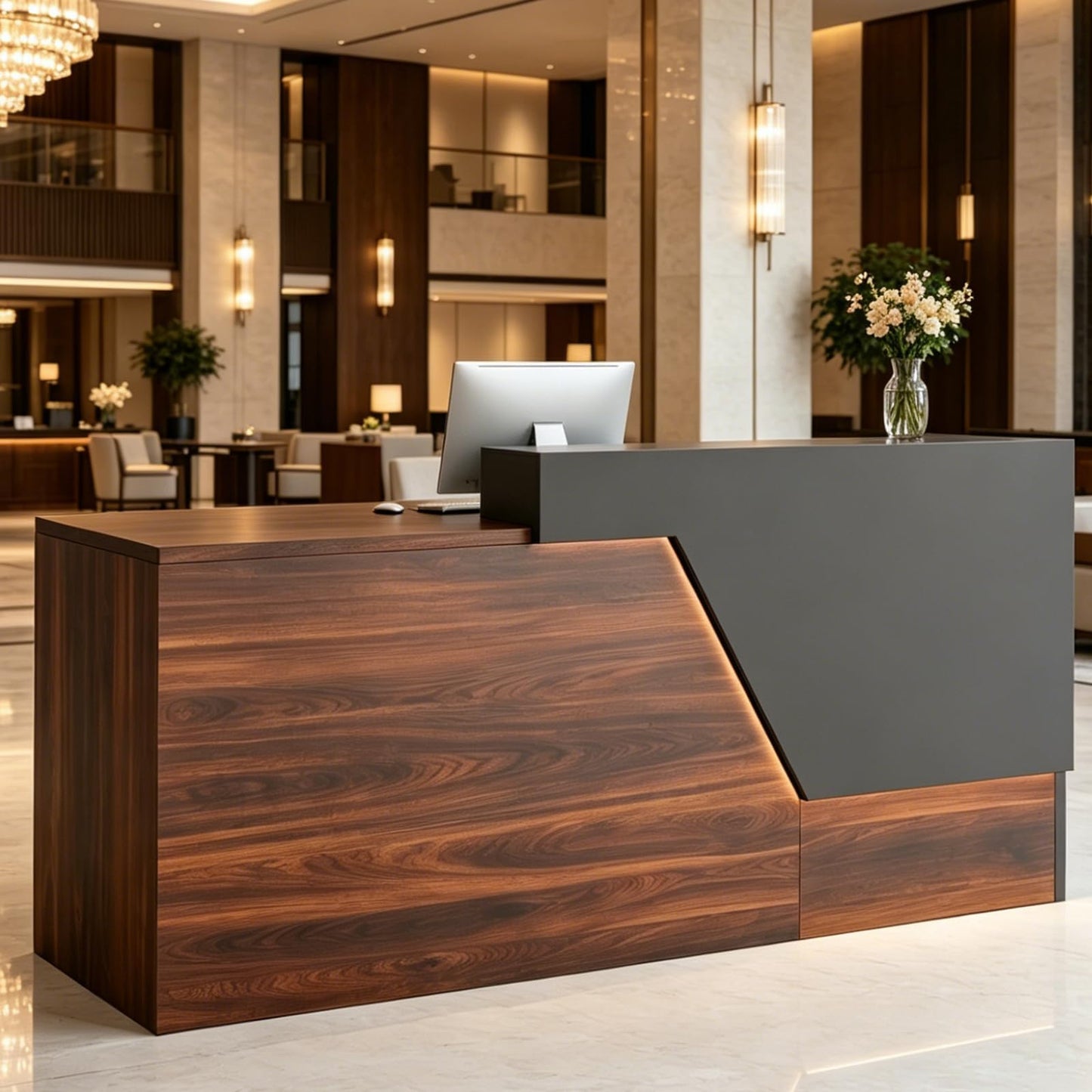 ansespl L Shaped Reception Desk with Counter,63/71inch Reception Room Table with Lockable Drawers & Keyboard Tray, for Office, Salon, Hotel & Clinic (Walnut/Slate Gray, 71" L x 23.6" W x 39.4" H)