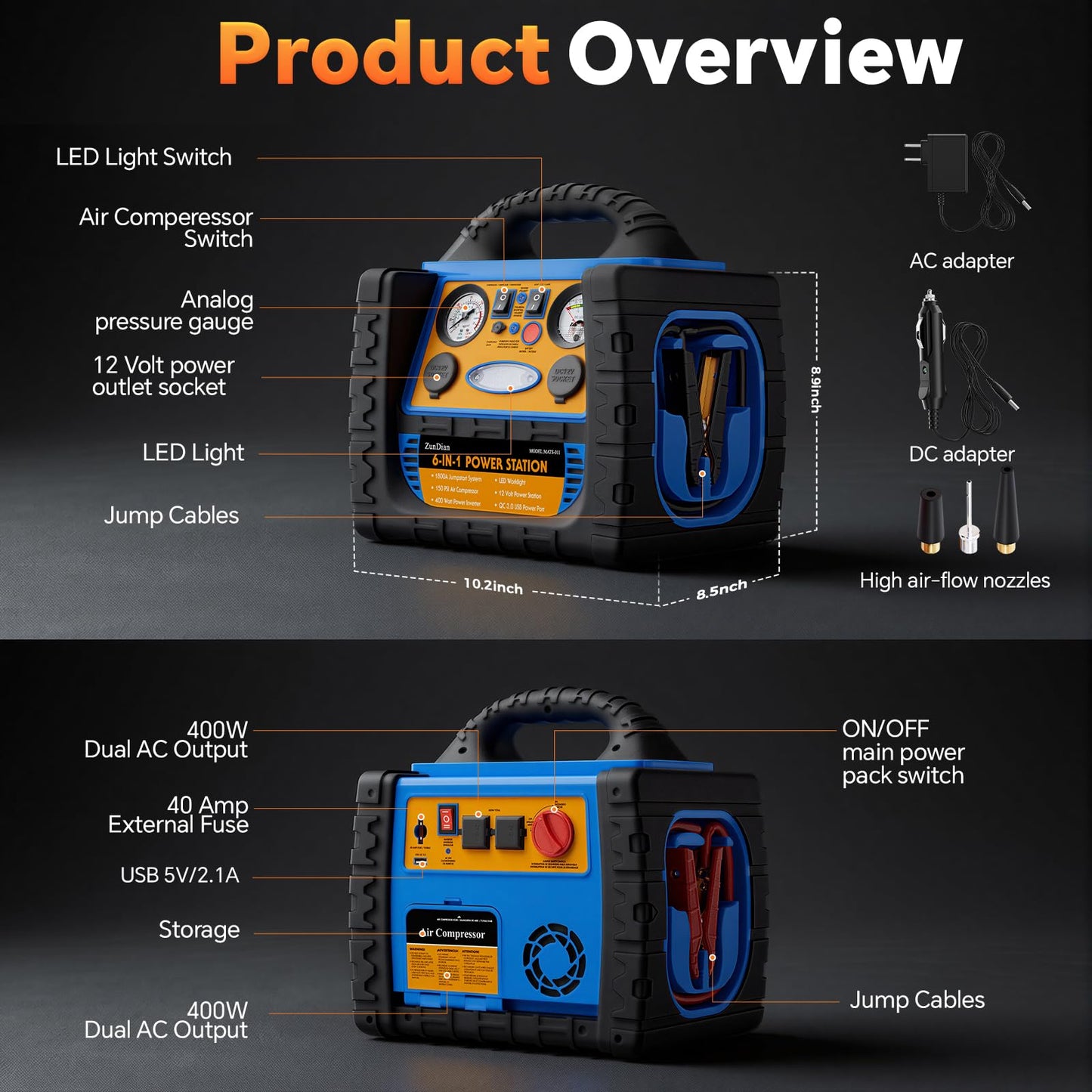 Car Jump Starter with Air Compressor, 1800A Battery Booster Pack for Up to 8.0L Gas & 6.0L Diesel, 150PSI Tire Inflator, 400W Portable Power Station with AC Outlet, 6-in-1 Jump Box for Cars, Trucks