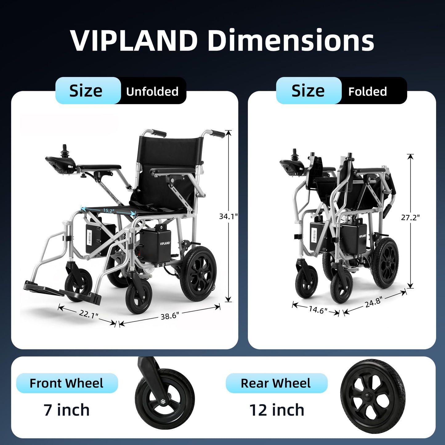 VIPLAND Durable Electric Wheelchair for Adults, Foldable Motorized Wheelchair, 15 Miles Long Travel Range, Dual Motors 500W, Support 310lb, Airline Approval, All Terrain, Portable for Indoor Outdoor