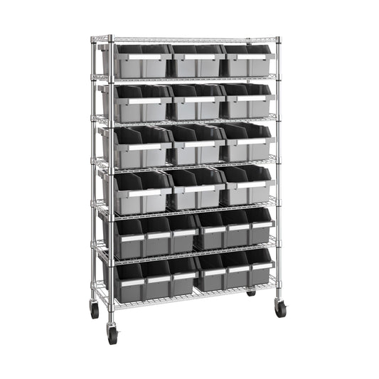 7-Tier NSF 16-Bin Steel Wire Shelving Rack, 36"W x 14"D x 56"H, Gray