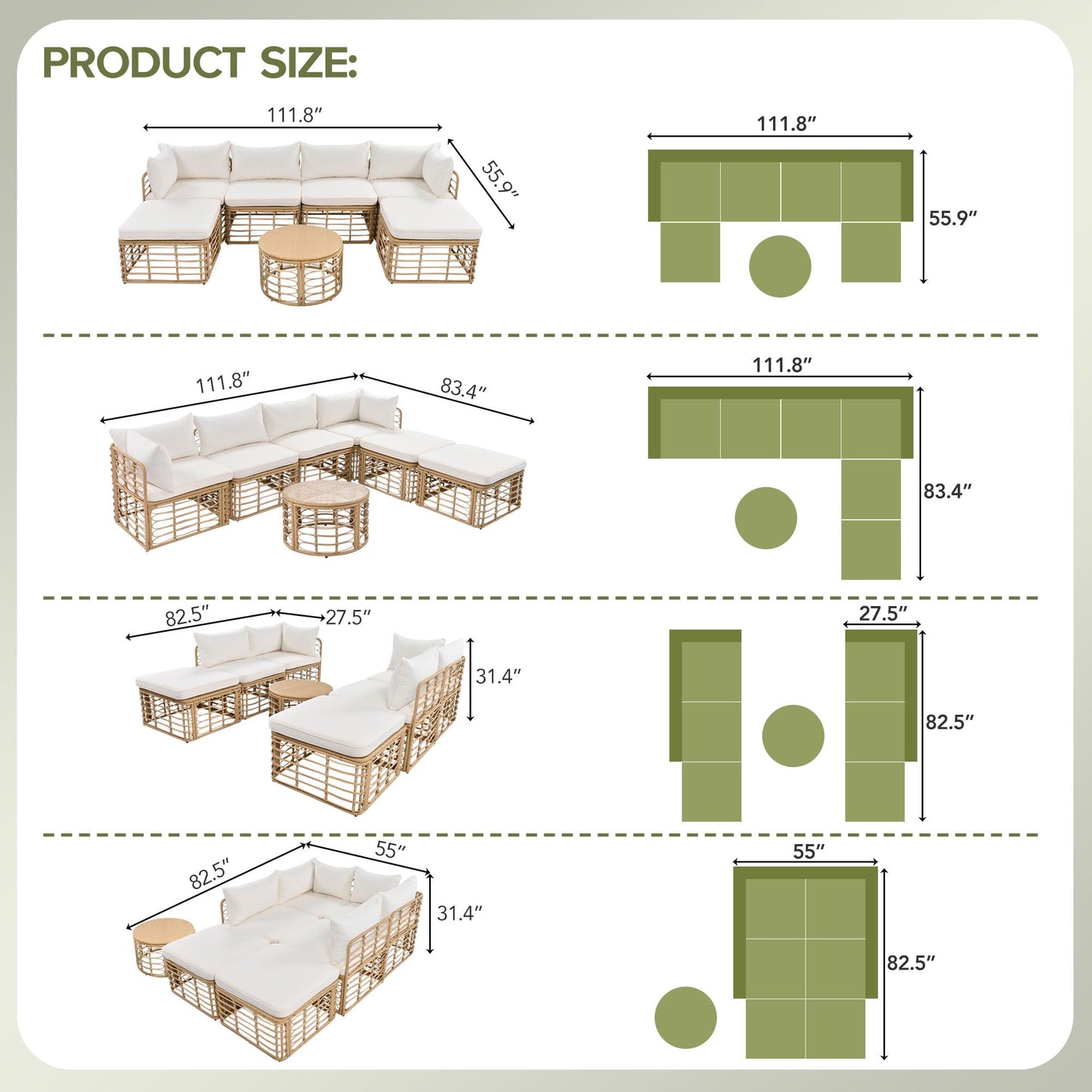 Merax 7 Pieces Rattan Outdoor Patio Furniture Set, All-Weather Sectional Sofa Set with Thick Cushions and Pillows, Freely Combined Conversation Sets for Garden Backyard Balcony (Beige)