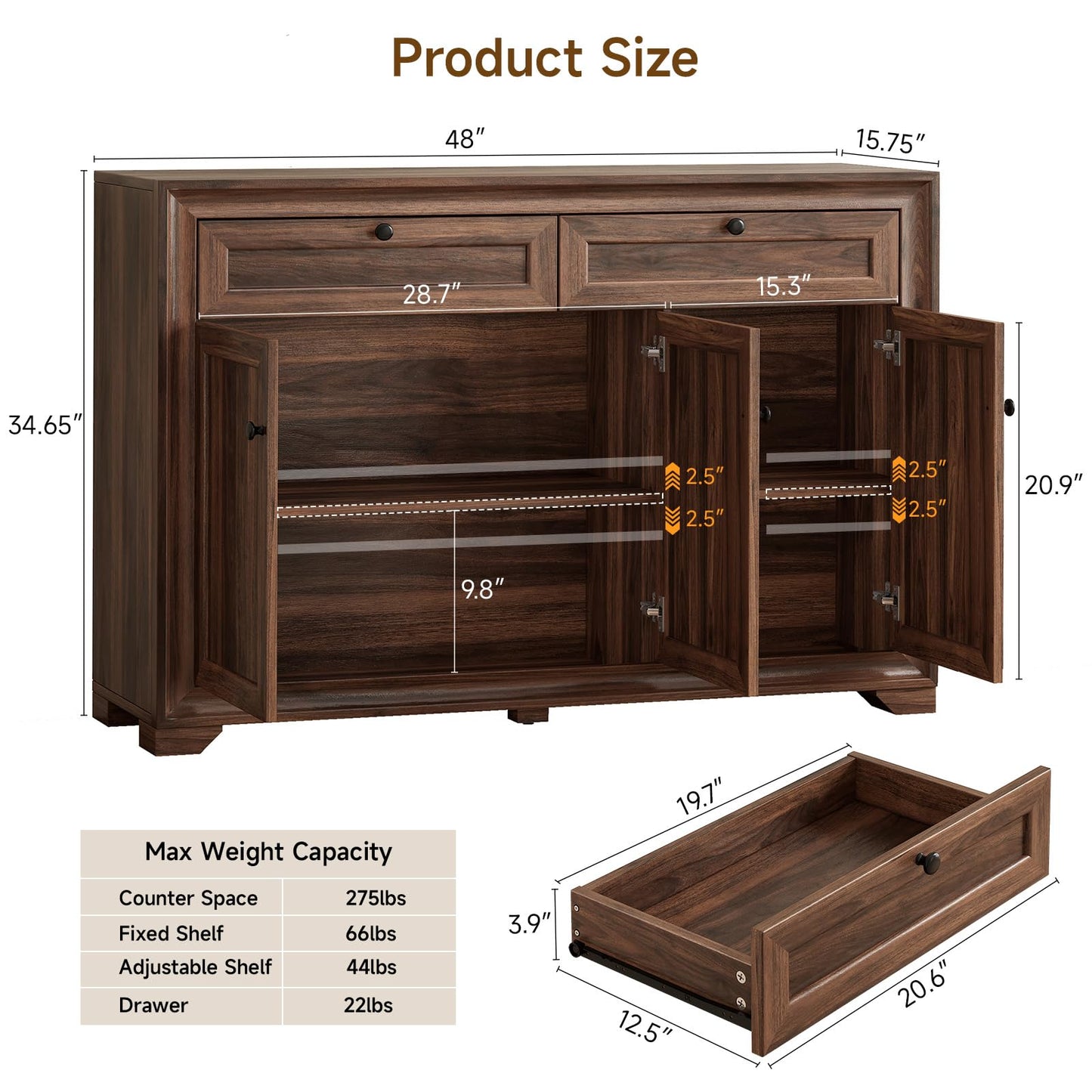 48 Inches Buffet Cabinet with Storage, Farmhouse Sideboard Buffet w/2 Drawers and 3 Doors, Wood Coffee Bar Cabinet with Adjustable Shelves, Kitchen Storage Cabinet for Dining Room/Living Room, Brown