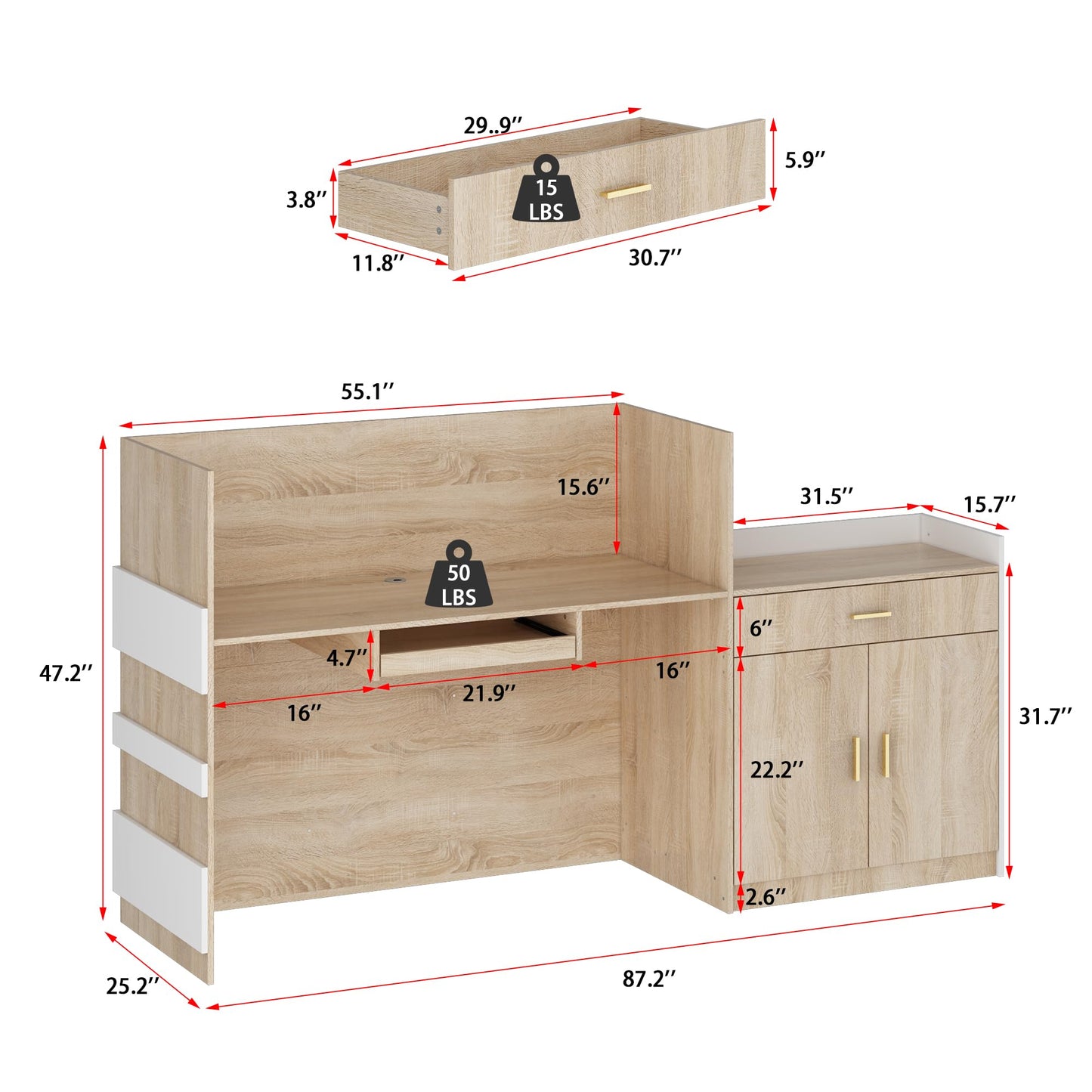 AIEGLE Checkout Counter, Modern Reception Desk with Drawer & 2-Door Storage Cabinet, 87.2" W Office Reception Desk with Open Front Cubby for Salon, Lobby, Shop, White & Oak