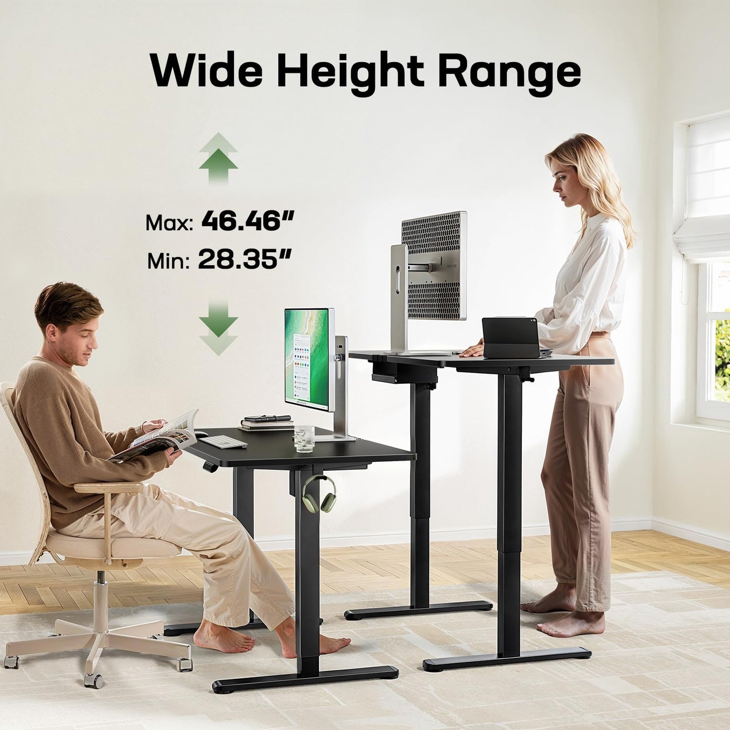 Marsail Electric Standing Desk Adjustable Height, 63 inch Large Standing Desk with Deeper Tabletop & 4 Memory Presets, One Piece Standing Desk for Home Office & Computer Workstation, Black,2 Packages