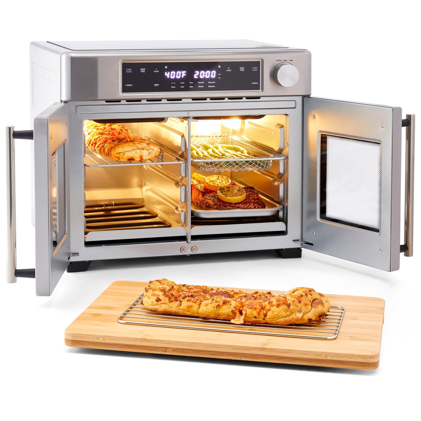 Ivation Dual Zone Air Fryer French Door Oven - 32 Quatity Convection Toaster Combo, 10-in-1 Multifunction Up to 450° - 1800W - Temperature Control, Timer - Stainless Steel - Dehydrate, Bake, Roast