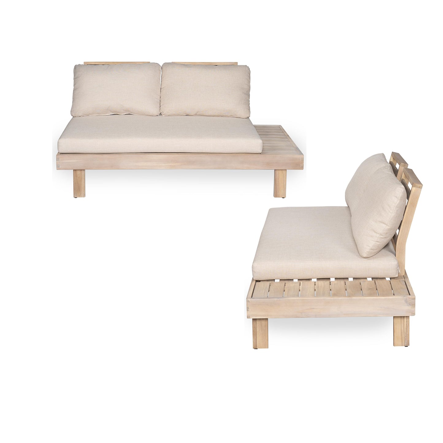Merax 5 Piece Paito 8-Seaters Conversation Set, All-Weather Acacia Wood L-Shaped Sofa with Side Tables and 3-Seater Sofa Bed with Cushions,Outdoor Sectional Couch Set for Backyard, Light White+Sand