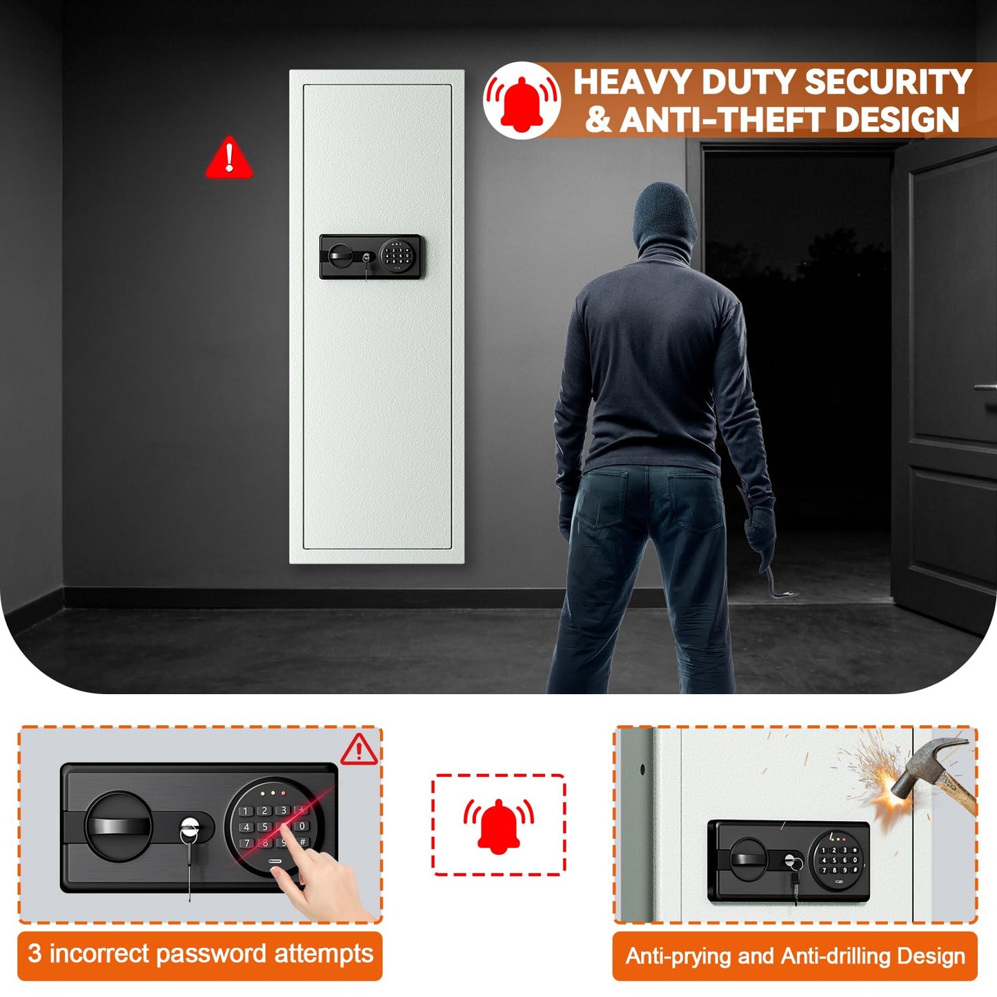 Heavy Duty Fireproof Wall Safes Between the Studs, Extra Large Fire Security Wall Safe with Digital Keypad lock and 3 Removable Shelf, Wall Rifle Safe Fireproof for Home, Gun, Cash, Documents, Jewelry