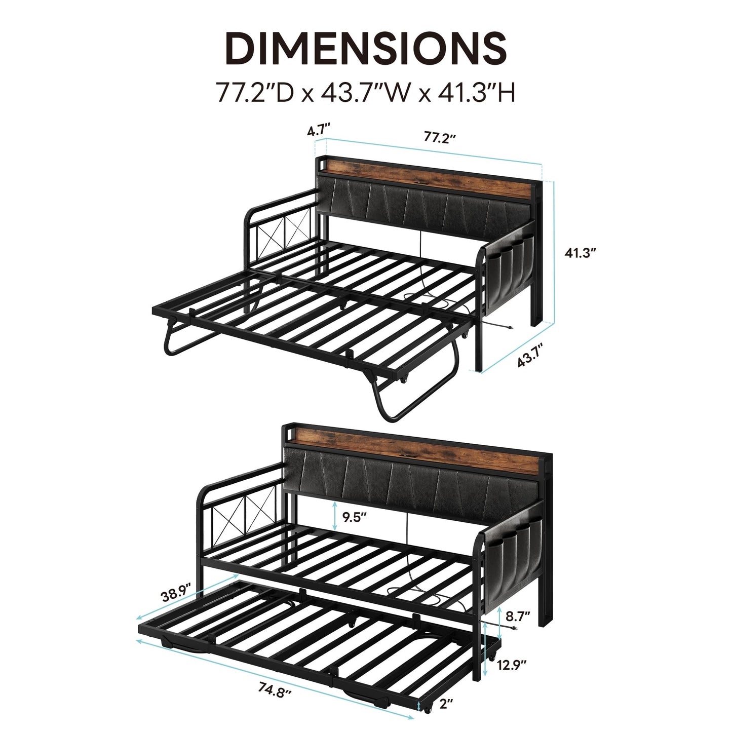 LIKIMIO Twin Daybed, Day Bed with Trundle, Storage Upholstered Headboard and Charging Station, Trundle Bed with Strong Supports for Living Room, Bedroom, and Guest Room, Black
