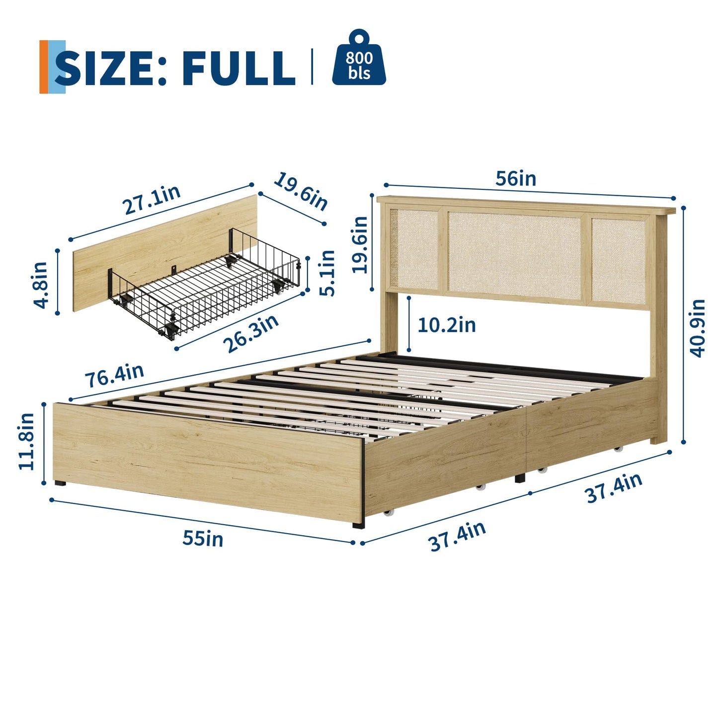 GarveeLife Full Size Boho Rattan Platform Bed Frame, Premium Cane Weave Headboard Design, Reinforced Metal Foundation Support, Space Saving Pull Out Drawers for Storage, Modern Bedroom Furniture Set