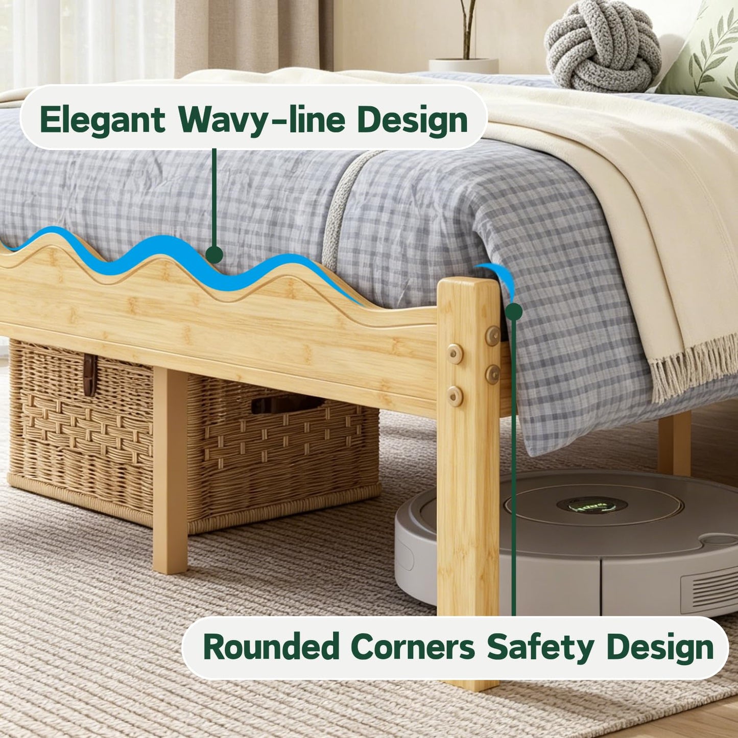 Askeld 14 Inch Solid Wood Queen Size Platform Bed Frame, Heavy Duty Farmhouse Style Bamboo Queen Bed Frame No Box Spring Needed, Noise-Free, Easy Assembly