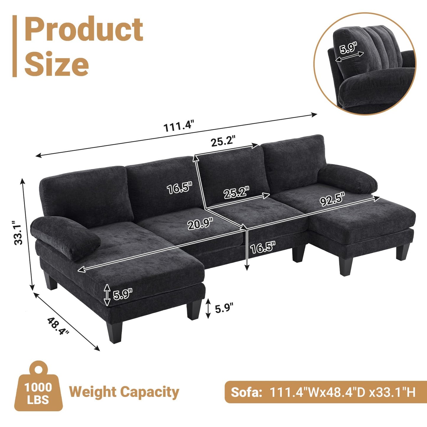 VINGLI 110" Sectional Couches for Living Room,U Shaped Couch with Double Chaise, 4-Seat Sofa Set with Chenille Fabric for Home Furniture,Black