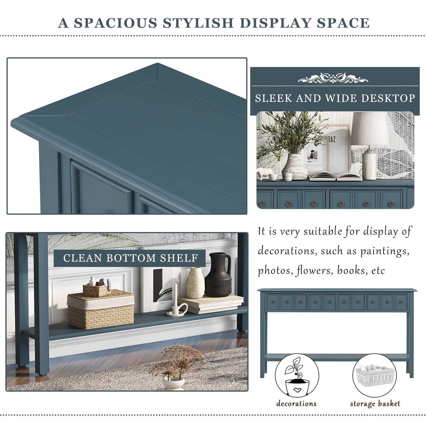 Merax Wood Narrow Console Table for Entryway Hallway Front Door SideTable with Drawers and Bottom Shelf Navy