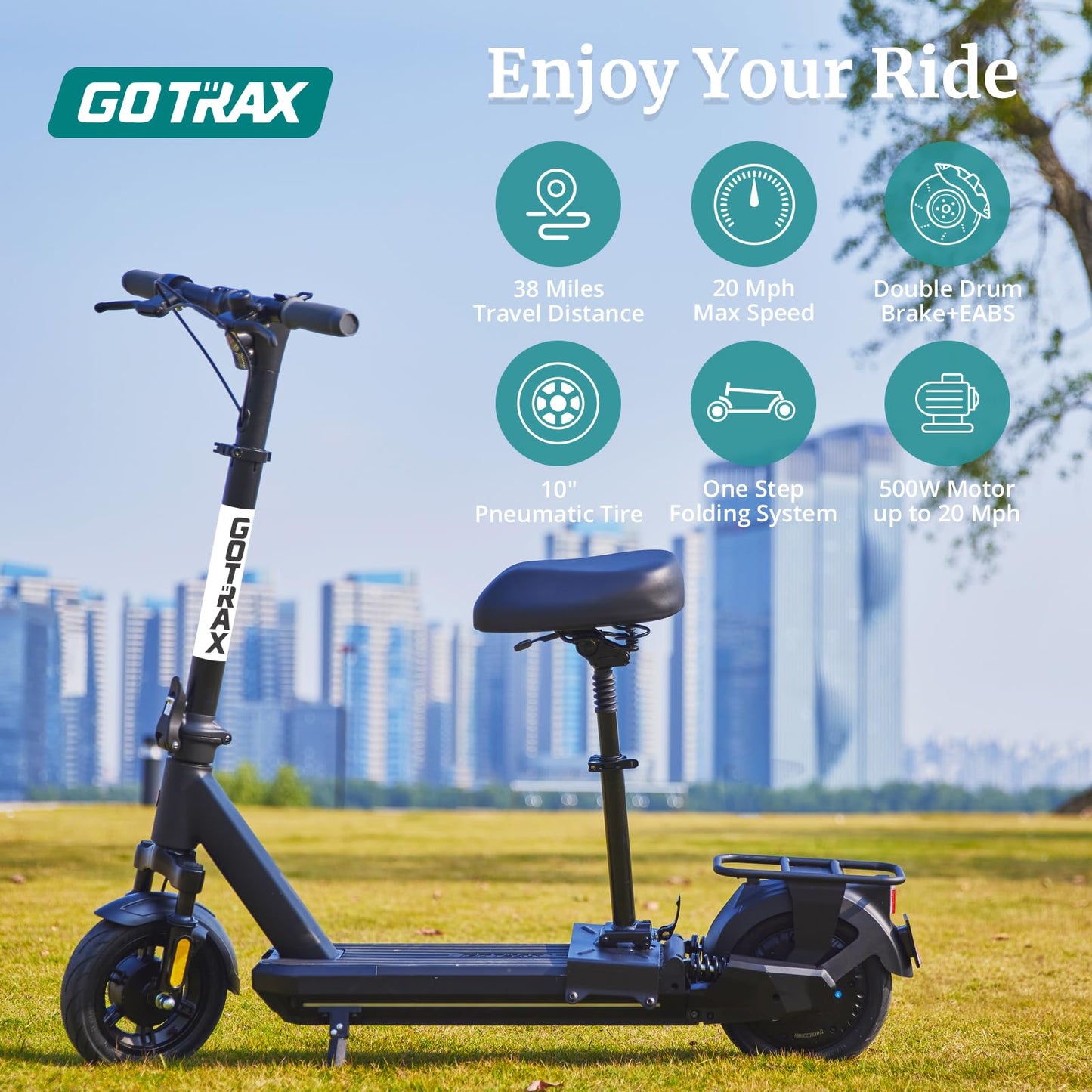 Gotrax ECLIPSE ULTRA Saddle Electric Scooter for Adults, Max 38 Mile 20Mph 500w Motor, 10" Tire, Bright Headlight Taillight, Aluminum Alloy Frame Cruise Control, Foldable Escooter w/Seat for Commute