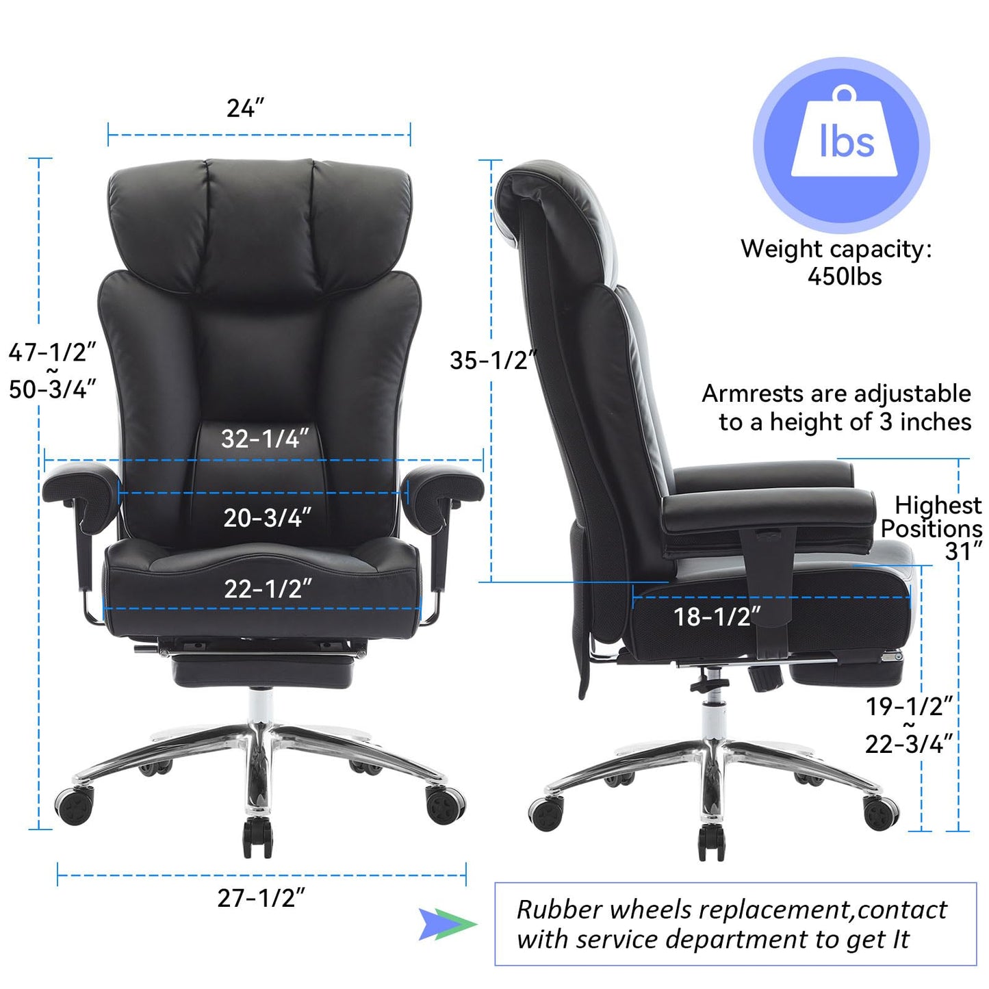 Efomao Big and Tall Office Chair 400 lbs Capacity, Oversized Executive Desk Chair with Footrest, Extra Wide 23" Seat, High Back Ergonomic PU Leather Home Office Chair， Black