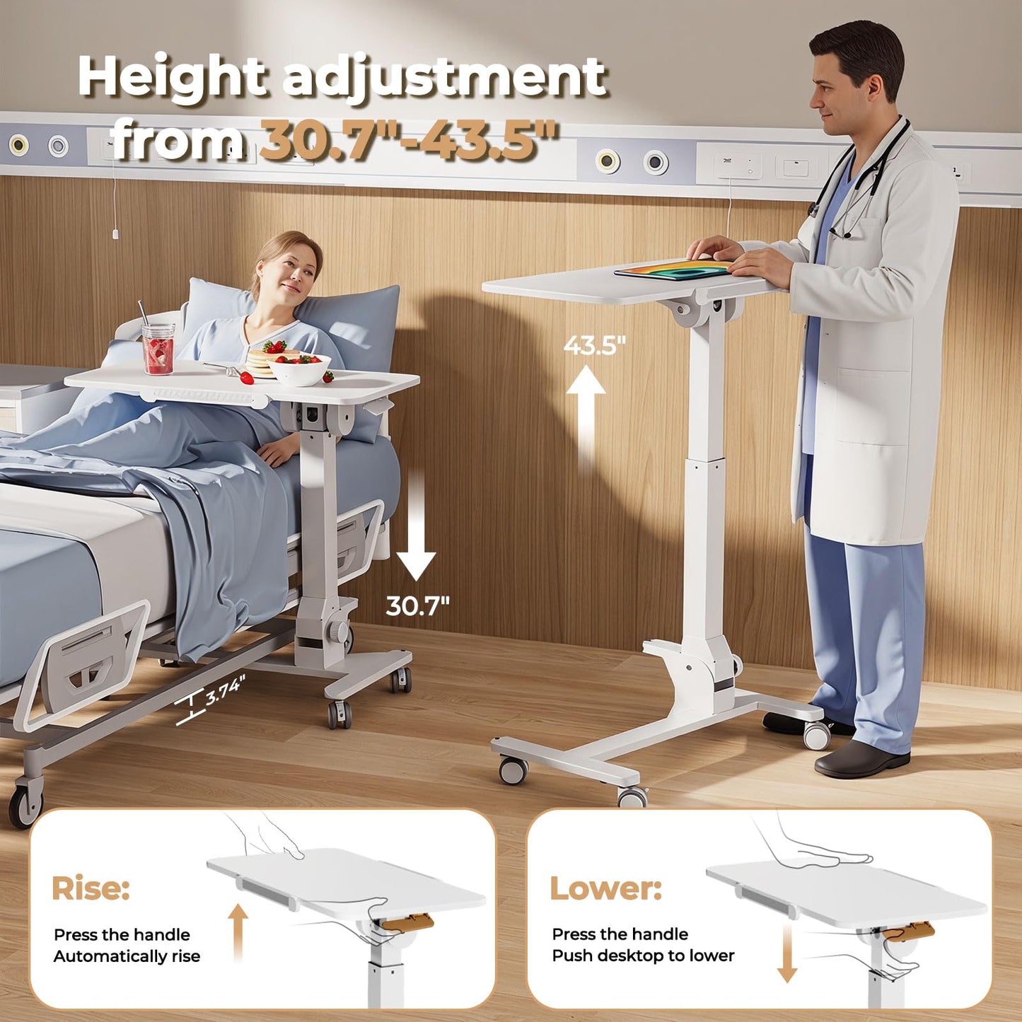JOY worker Foldable Mobile Standing Desk, 180° Tiltable Overbed Bedside Table with 4 Lockable Wheels, 31.5" Height Adjustable Rolling Laptop Desk for Home & Hospital Use, Easy Storage, White