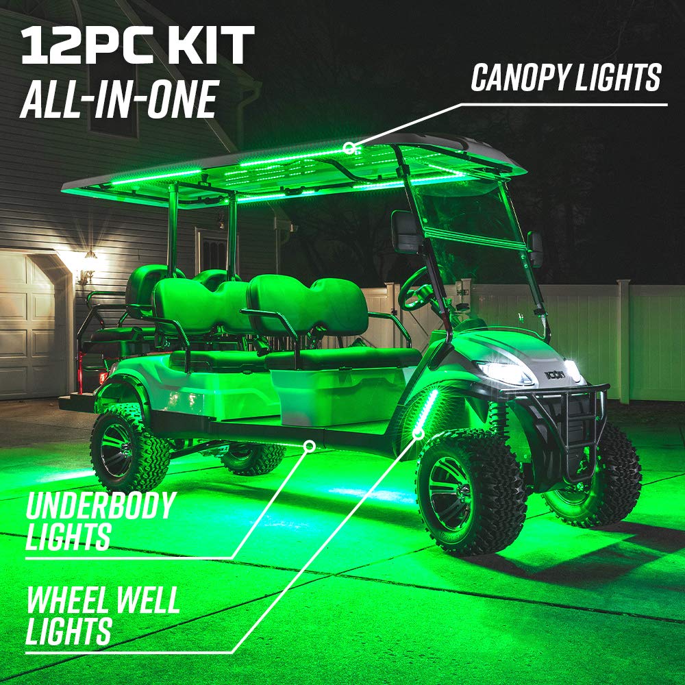 LEDGlow 12pc Million Color LED 6-Seater Limo Golf Cart Underglow Neon Lighting Kit w/Canopy & Wheel Well Lights Fits EZGO, Yamaha, Club Car, ICON, Evolution, Tomblerin, Star EV - for 12-Volt Battery