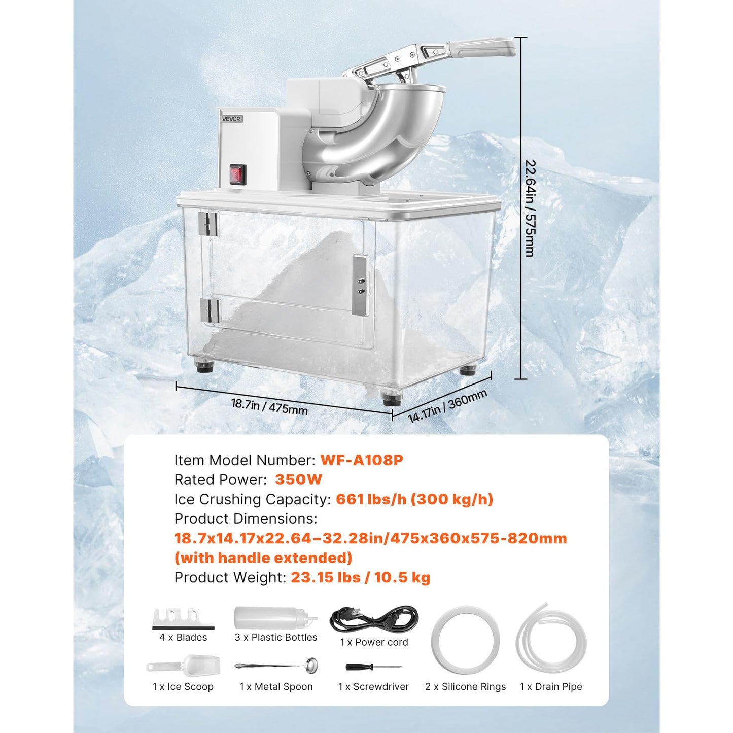 VEVOR 110V Commercial Ice Crusher 661LBS/H, ETL Approved 300W Electric Snow Cone Machine with Dual Blades, Stainless Steel Shaved Ice Machine with Safety On/Off Switch for Family, Restaurants, Bars