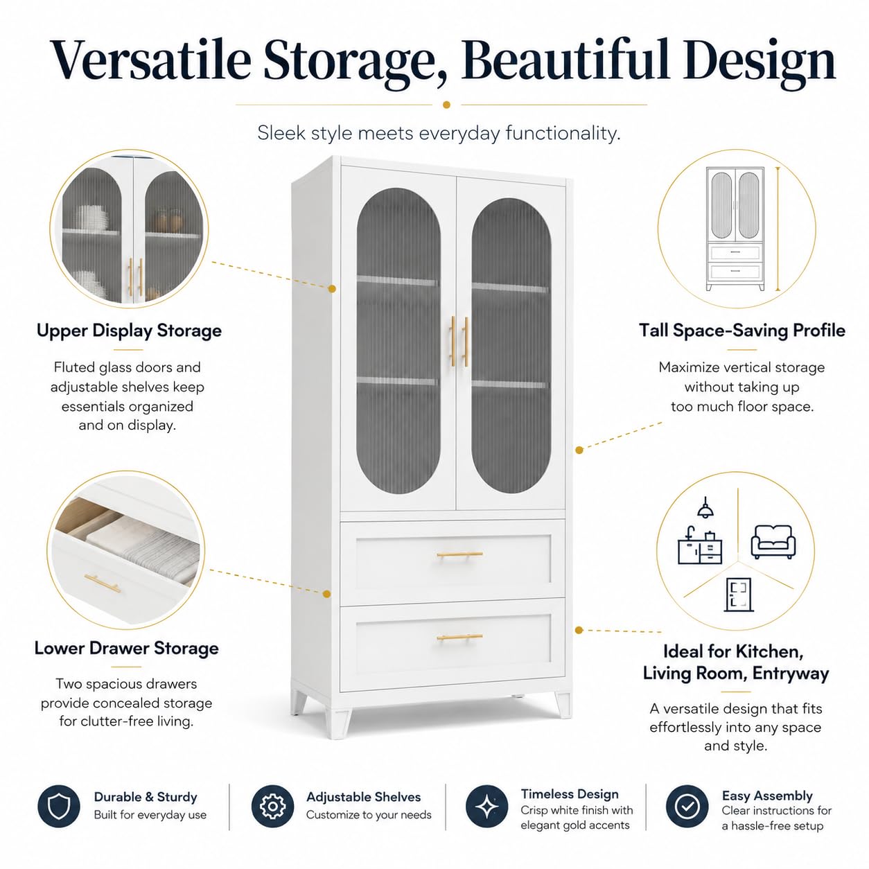 Garvee 74" H Storage Cabinet, Freestanding Pantry Cabinet, Frosted Glass Doors, Fluted Design, 4 Door Cabinet with Adjustable Shelf, Kitchen Bathroom Dining Room Living Room Office, White