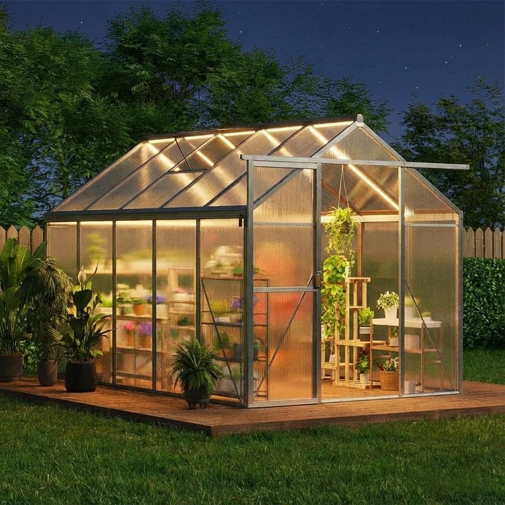 6x10 FT Greenhouse, Outdoor Sliding Door, Polycarbonate Greenhouse with Aluminum Frame, Lockable Door and Ajustable Roof Vent for Backyard, Outside Garden Backyard, Patio, Silver