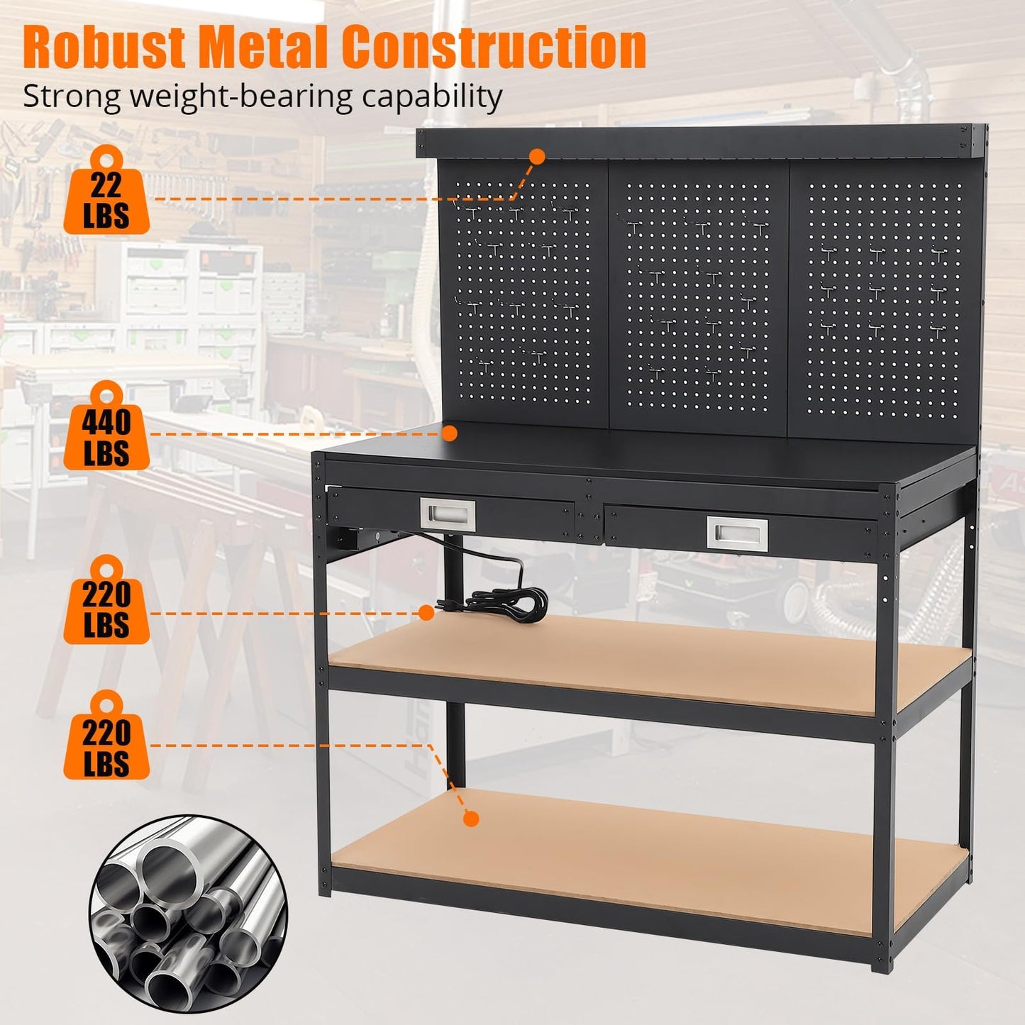 48 in Workbench, Metal Tool Storage Bench with Pegboard with 3 Drawers & Back, Under Shelf, Power Outlet, Hanging Accessories, Topping Space, Multifunctional Work Table for Garage, Workshop, Basement