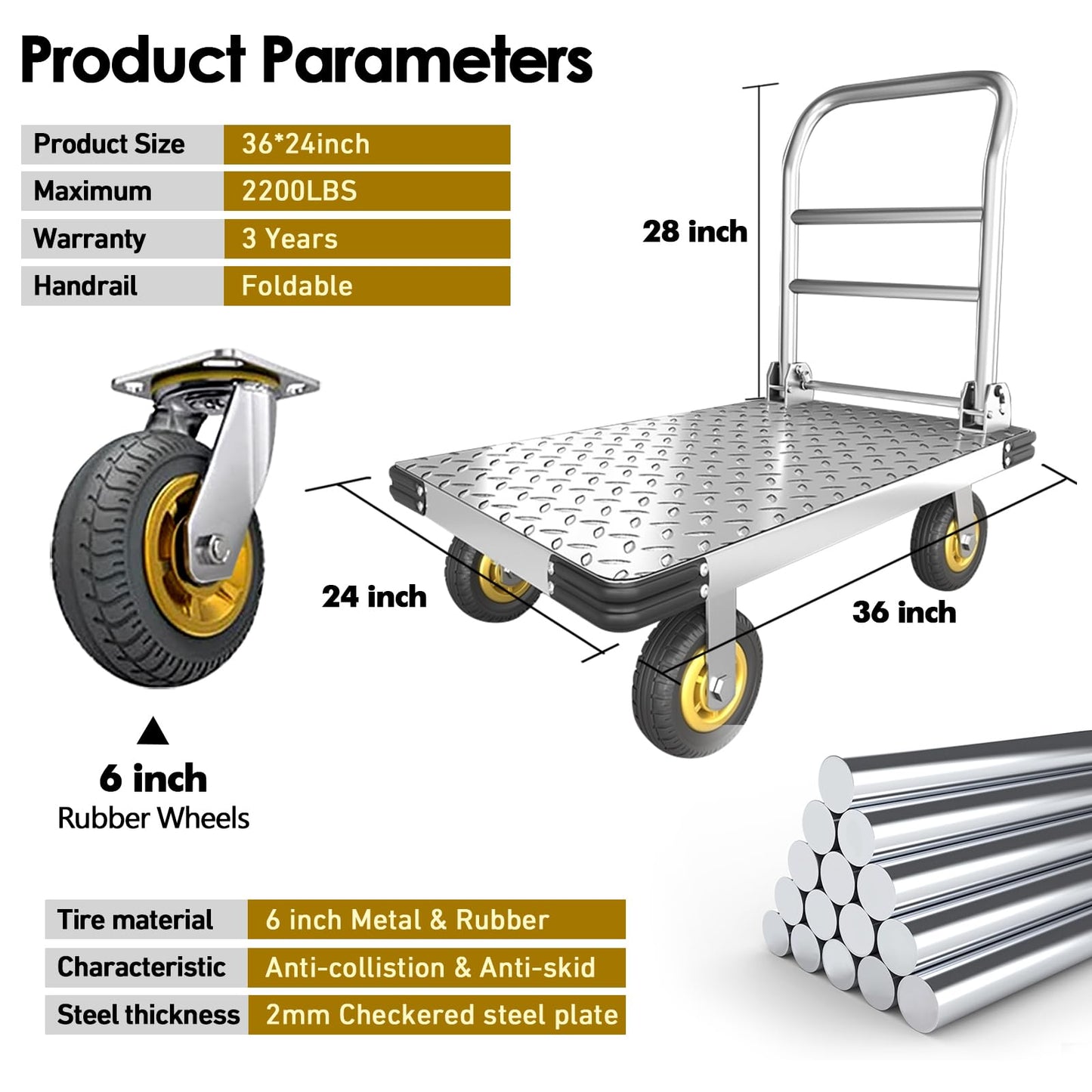 Push Cart Dolly Heavy-Duty Platform Truck Cart with Swivel Wheel 2200 LBS Capacity Foldable Flatbed Cart Large Steel Platform Dolly Cart for Groceries, Garage, Warehouse (36"X 24")